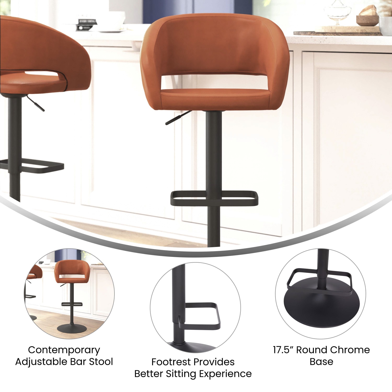 Flash Furniture Contemporary Vinyl Adjustable Height Bar Stool With Rounded Back CognacBlack PopularChairscom Flash Furniture Contemporary Vinyl Adjustable Height Bar Stool With Rounded Back CognacBlack PopularChairscom