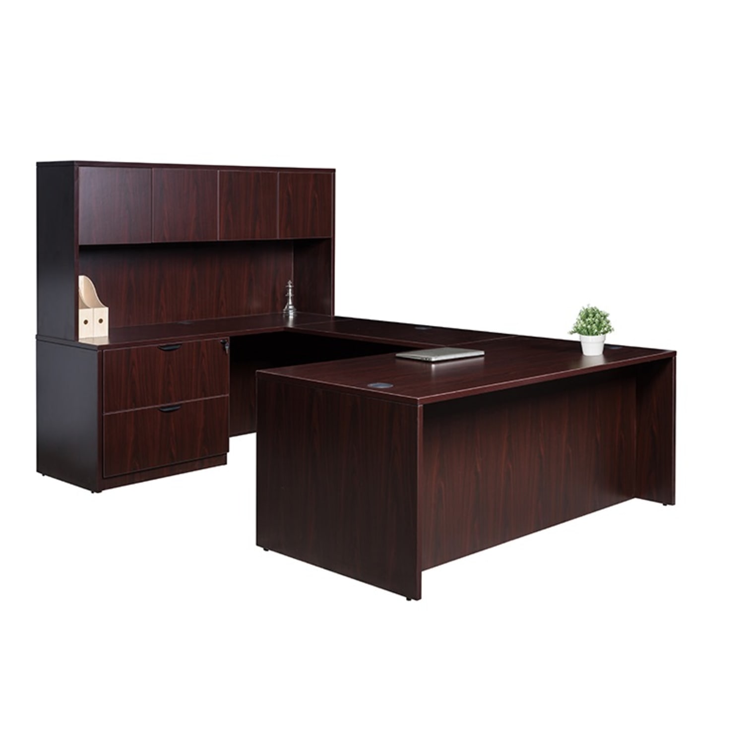 Boss Office Products 66inW Executive U-Shaped Desk With 2-Drawer Lateral File And 4-Door Hutch, Mahogany