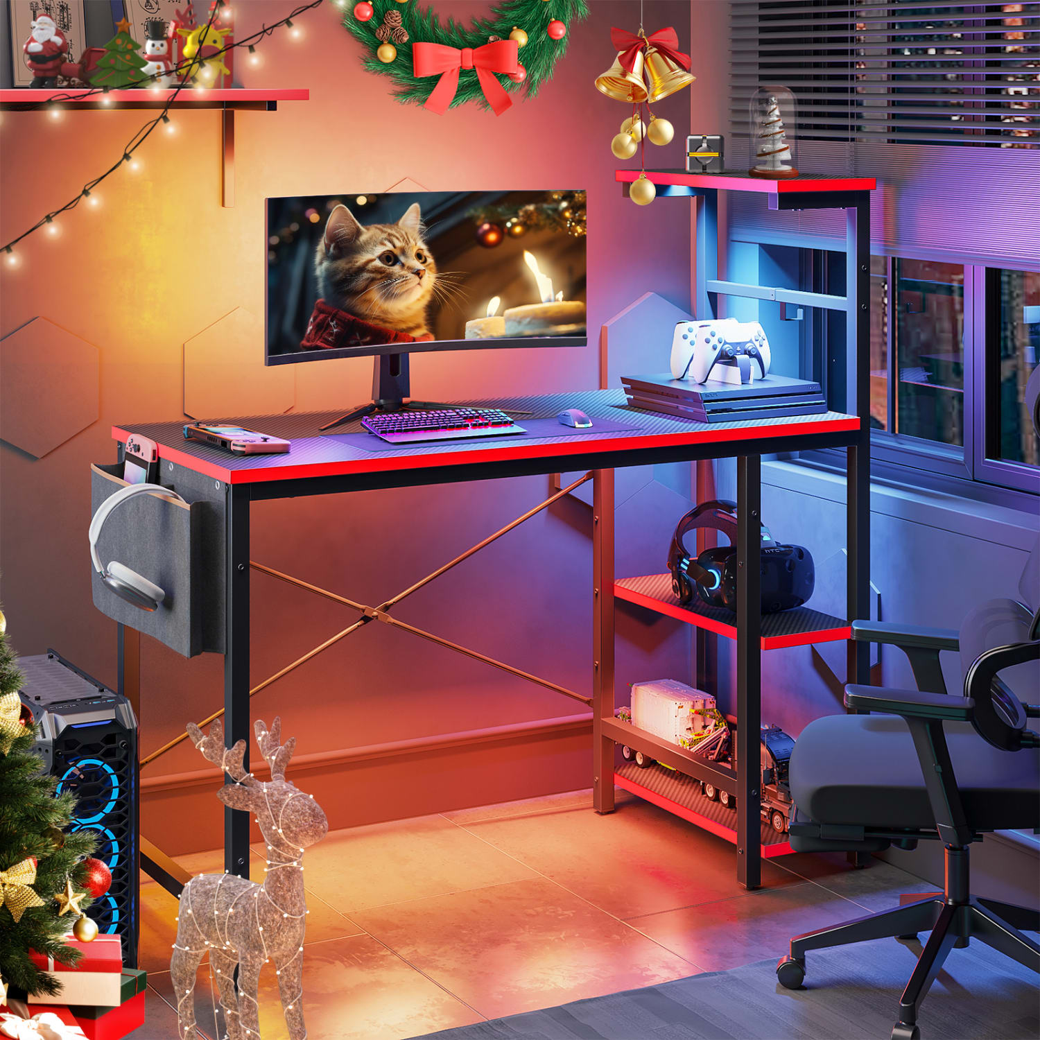 Bestier RGB Gaming Desk With Storage Shelf & Side Pocket, 45inW, Black Carbon Fiber - Image 3