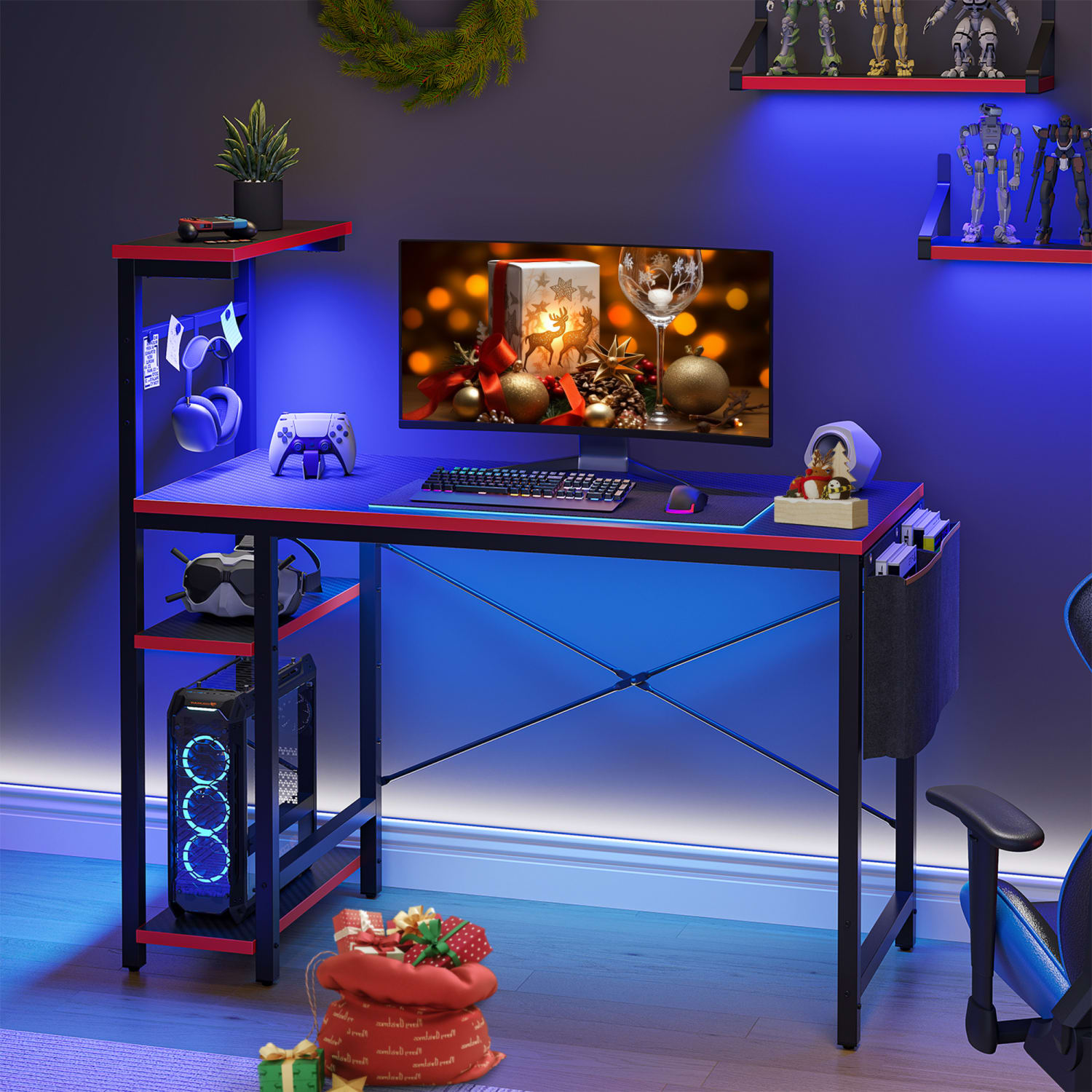 Bestier RGB Gaming Desk With Storage Shelf & Side Pocket, 45inW, Black Carbon Fiber - Image 4