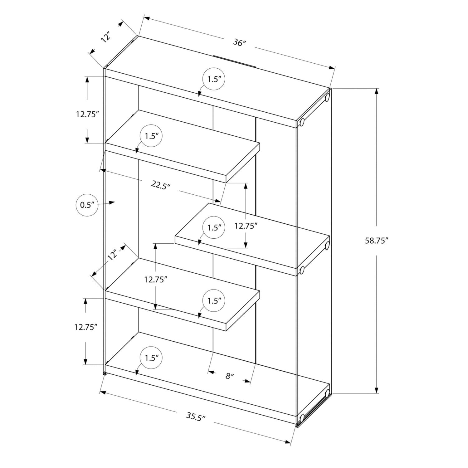 Monarch Specialties Open-Concept 60inH 4-Shelf Bookcase, Glossy White - Image 3