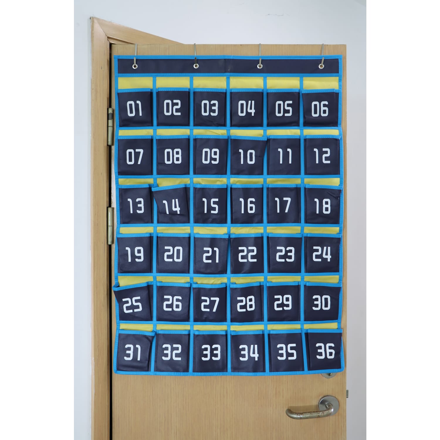 Office Depot Brand Hanging 36-Pocket Cell Phone Storage Classroom Organizer, 37-13/16in x 26-7/16in, Blue/Yellow - Image 3