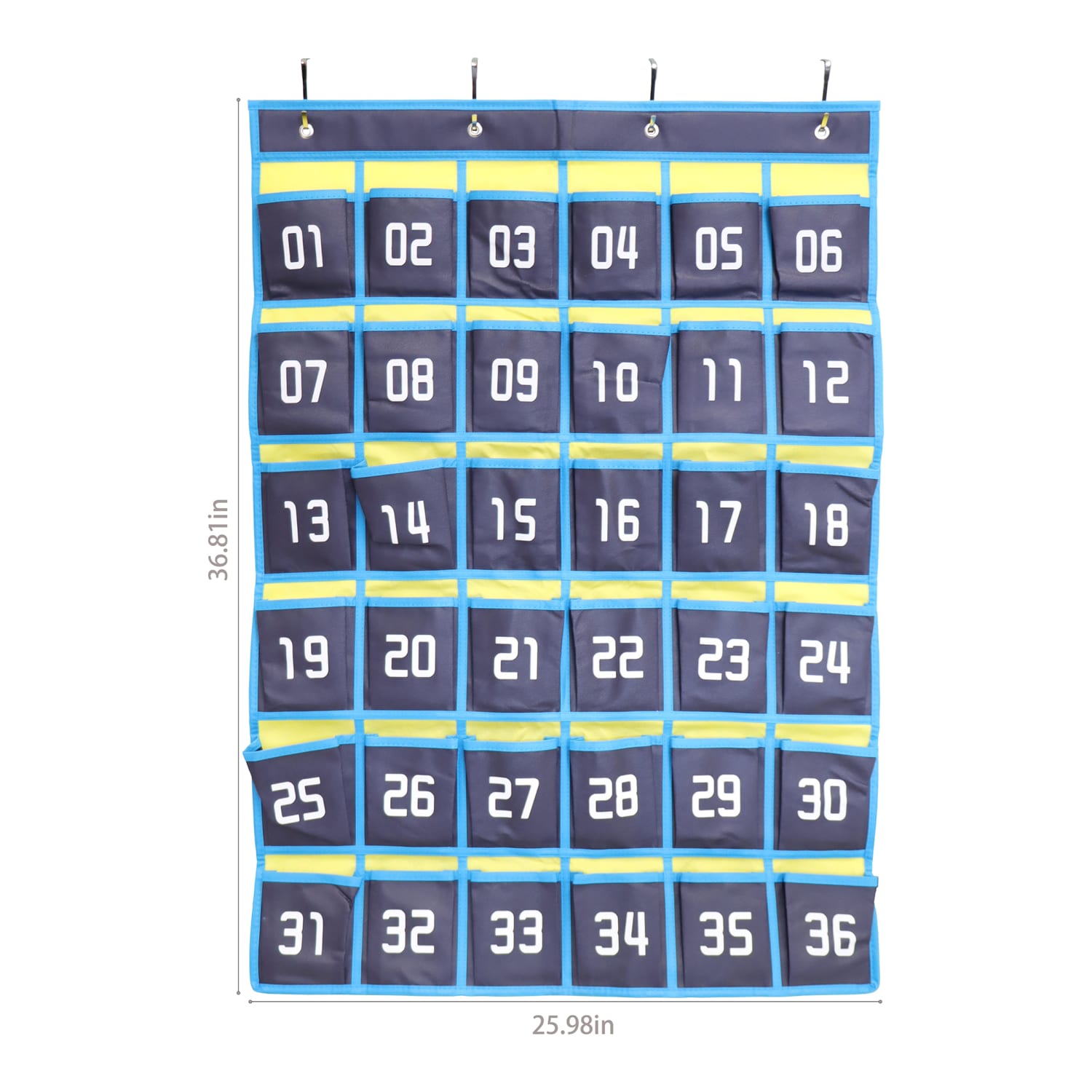 Office Depot Brand Hanging 36-Pocket Cell Phone Storage Classroom Organizer, 37-13/16in x 26-7/16in, Blue/Yellow - Image 4