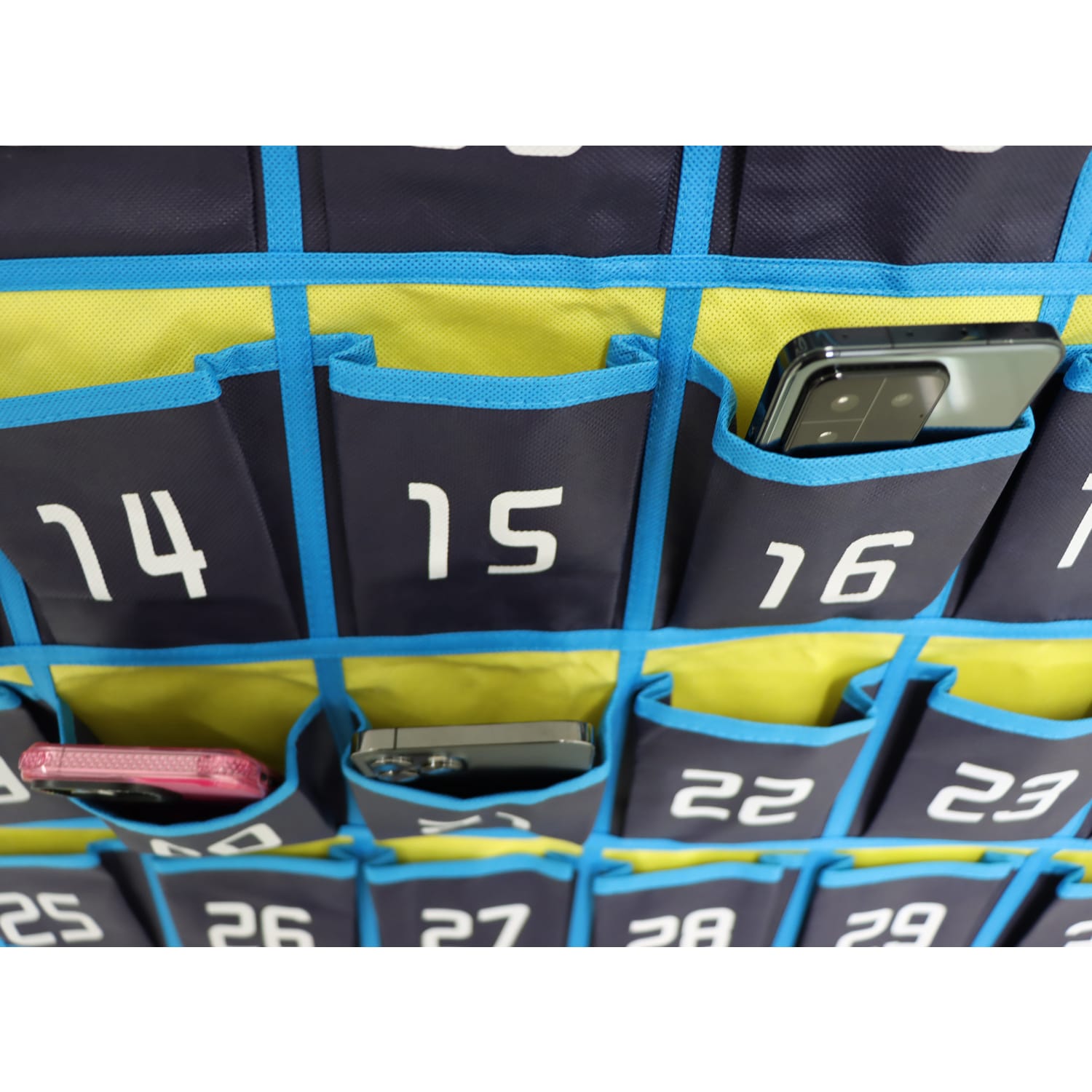 Office Depot Brand Hanging 36-Pocket Cell Phone Storage Classroom Organizer, 37-13/16in x 26-7/16in, Blue/Yellow - Image 6