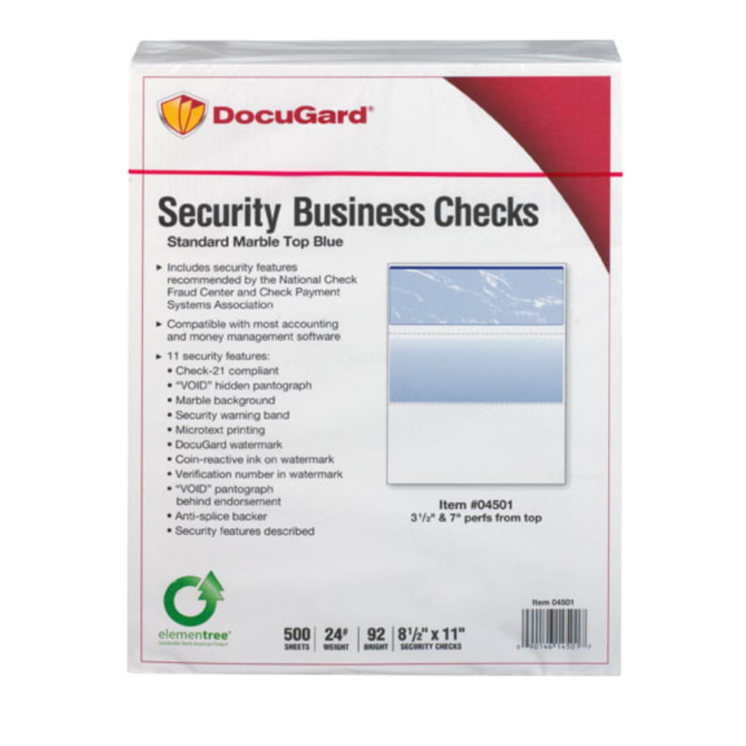 DocuGard Security Business Checks, Letter (8 1/2in x 11in), 24 lb, Top, Marble Blue, Ream Of 500