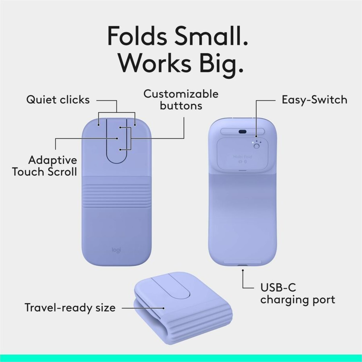 Logitech Mobi Fold - Mouse - ultra-portable, travel - optical - 4 buttons - wireless - Bluetooth - lilac - Image 4