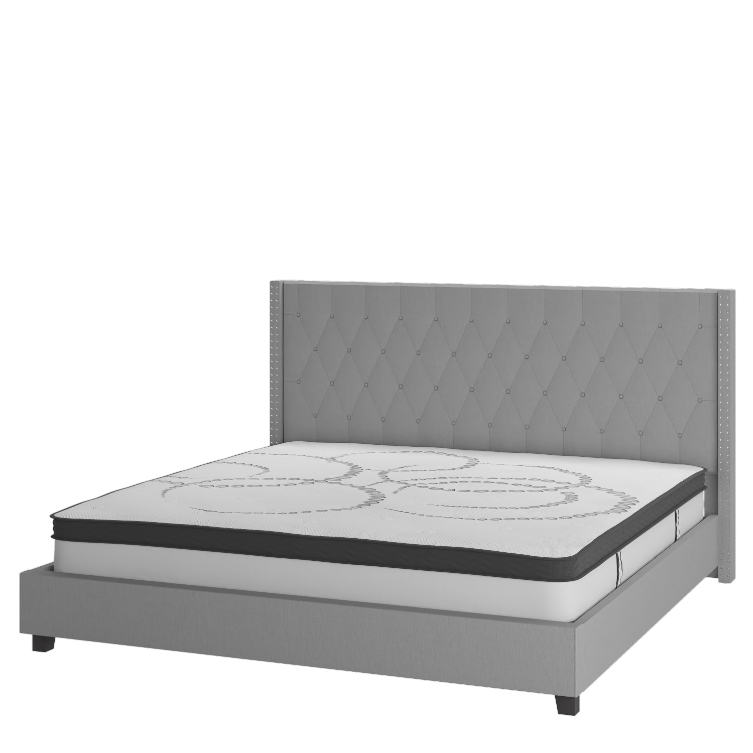 Flash Furniture Riverdale Tufted Upholstered Platform Bed With 10in CertiPUR-US Certified Foam And Pocket Spring Mattress, Queen, Light Gray - Image 3