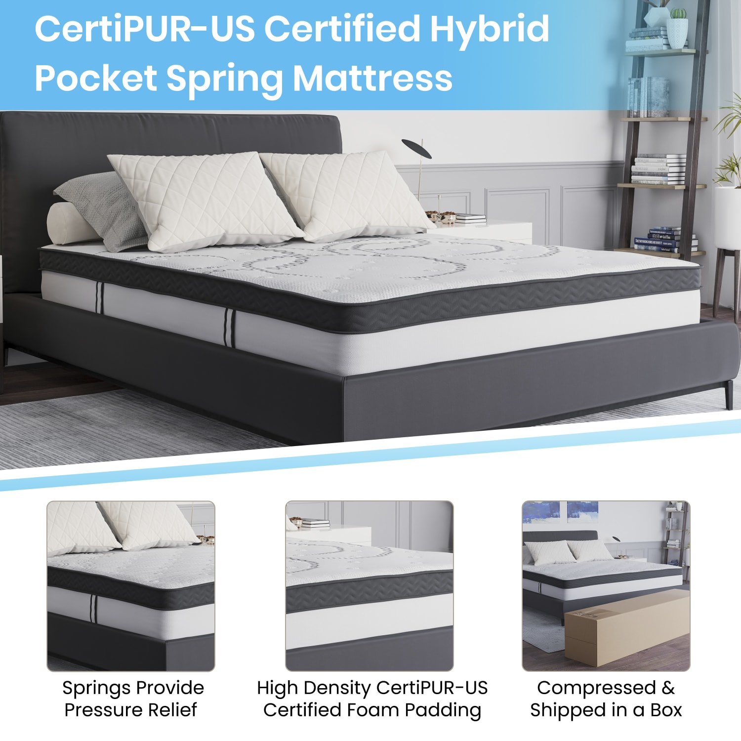 Flash Furniture Riverdale Tufted Upholstered Platform Bed With 10in CertiPUR-US Certified Foam And Pocket Spring Mattress, Queen, Light Gray - Image 5