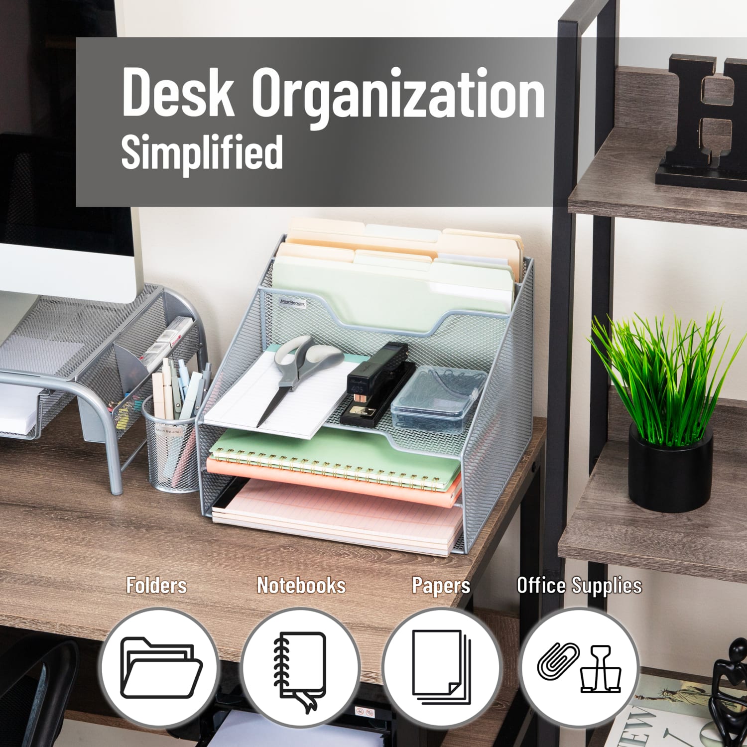Mind Reader Desktop Vertical Paper Tray Organizer, 9-1/2in H x 11-1/2in W x 12-1/2in D, Silver - Image 3