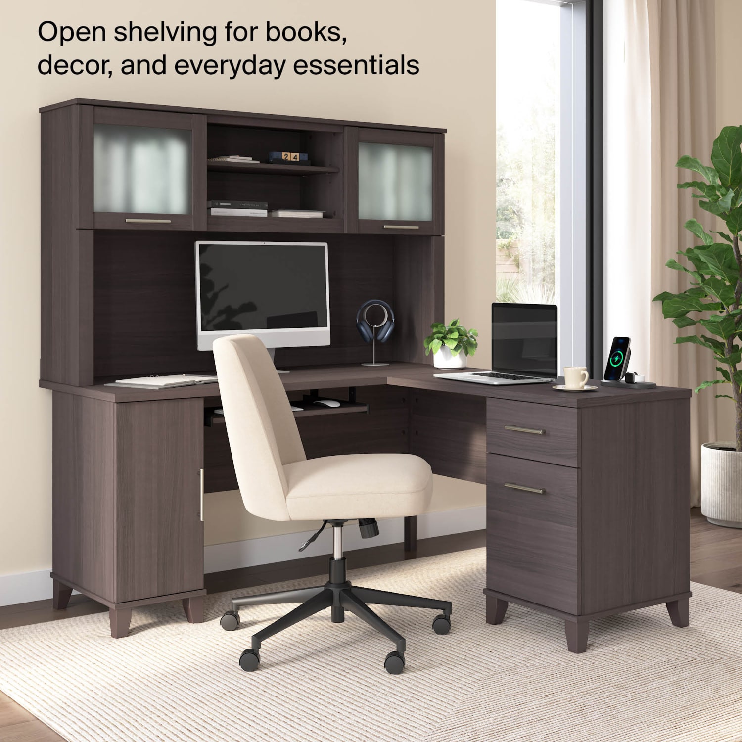 Bush Furniture 60inW Hutch For L-Shaped Desk, Storm Gray, Standard Delivery - Image 4