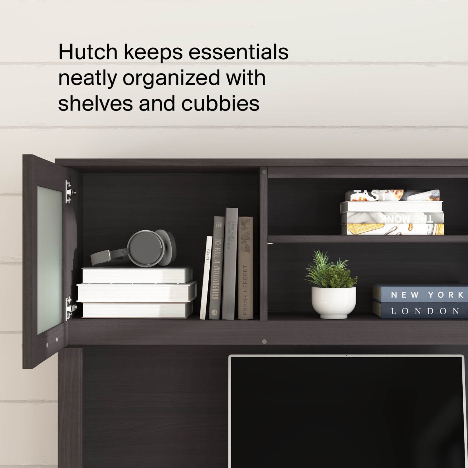 Bush Furniture 60inW Hutch For L-Shaped Desk, Storm Gray, Standard Delivery - Image 5