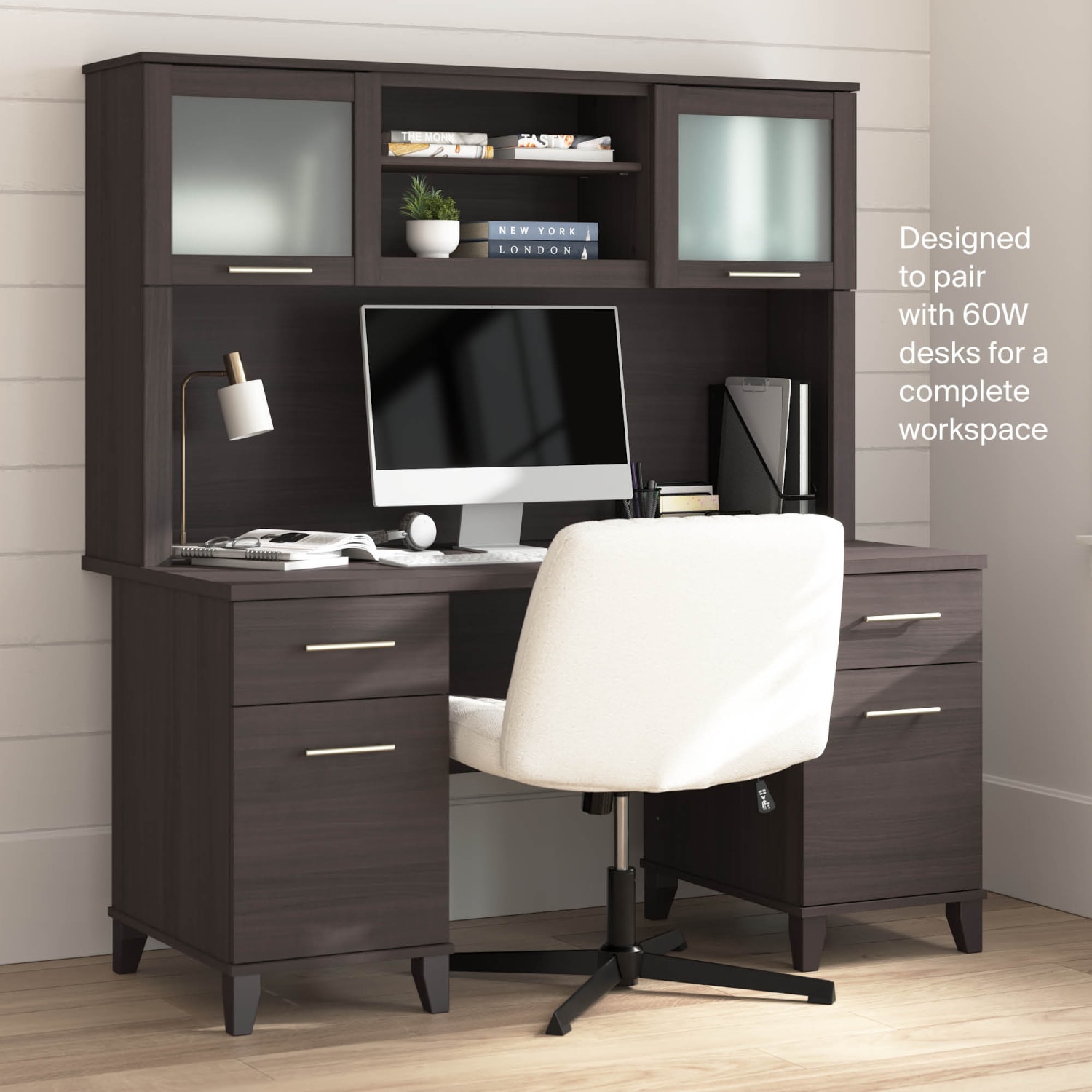 Bush Furniture 60inW Hutch For L-Shaped Desk, Storm Gray, Standard Delivery - Image 6