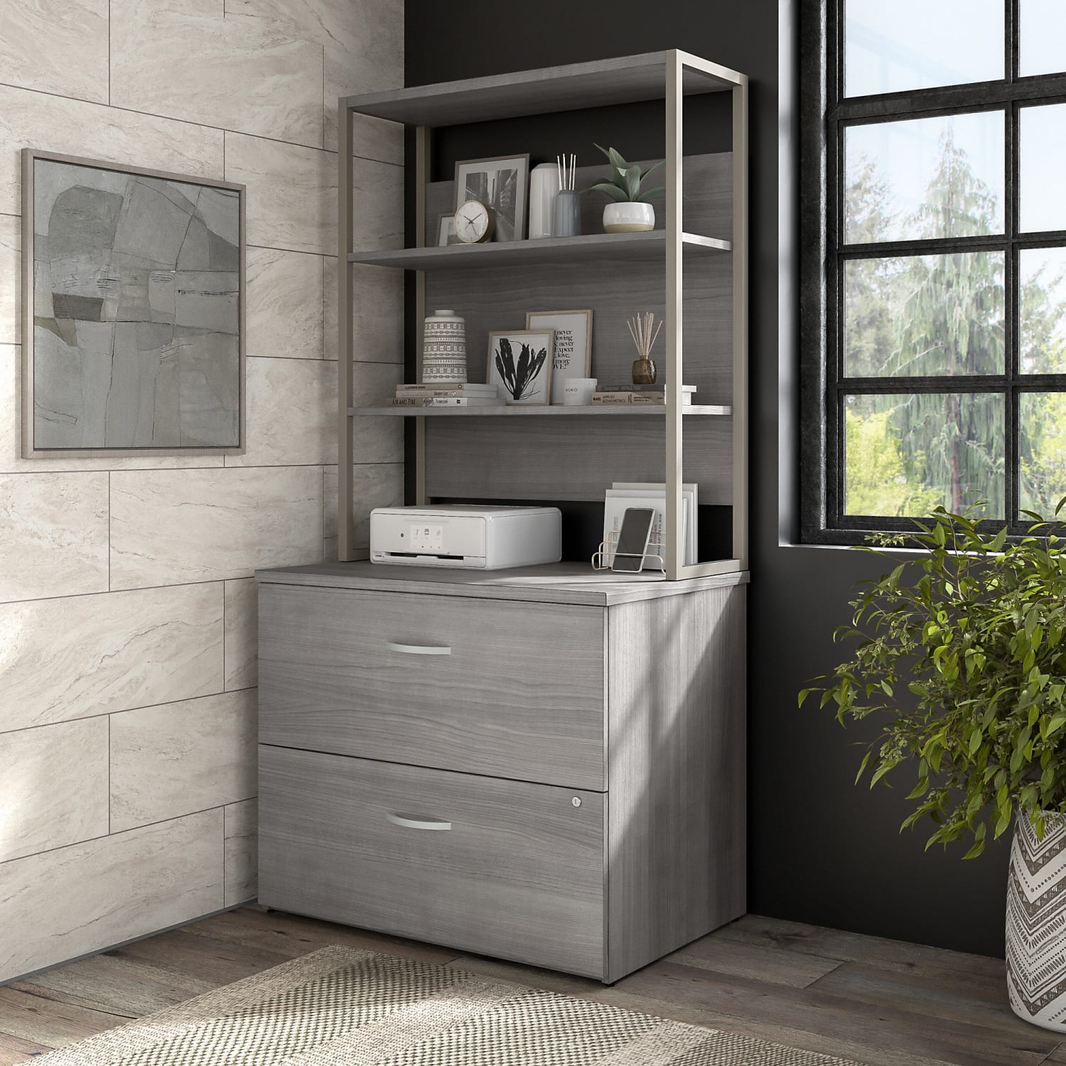 Bush Business Furniture Hybrid 35-11/16inW x 23-3/8inD Lateral 2-Drawer File Cabinet With Shelves, Platinum Gray, Standard Delivery - Image 3