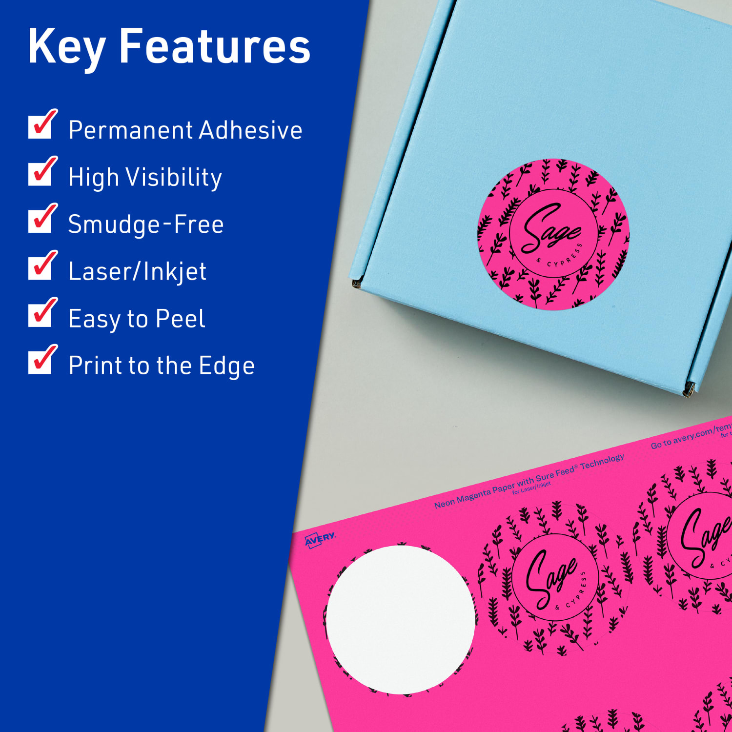 Avery Print-To-The-Edge Labels With Sure Feed Technology, 94502-NMP40, Round, 2-1/2in, Matte Neon Magenta, Pack of 360 - Image 3