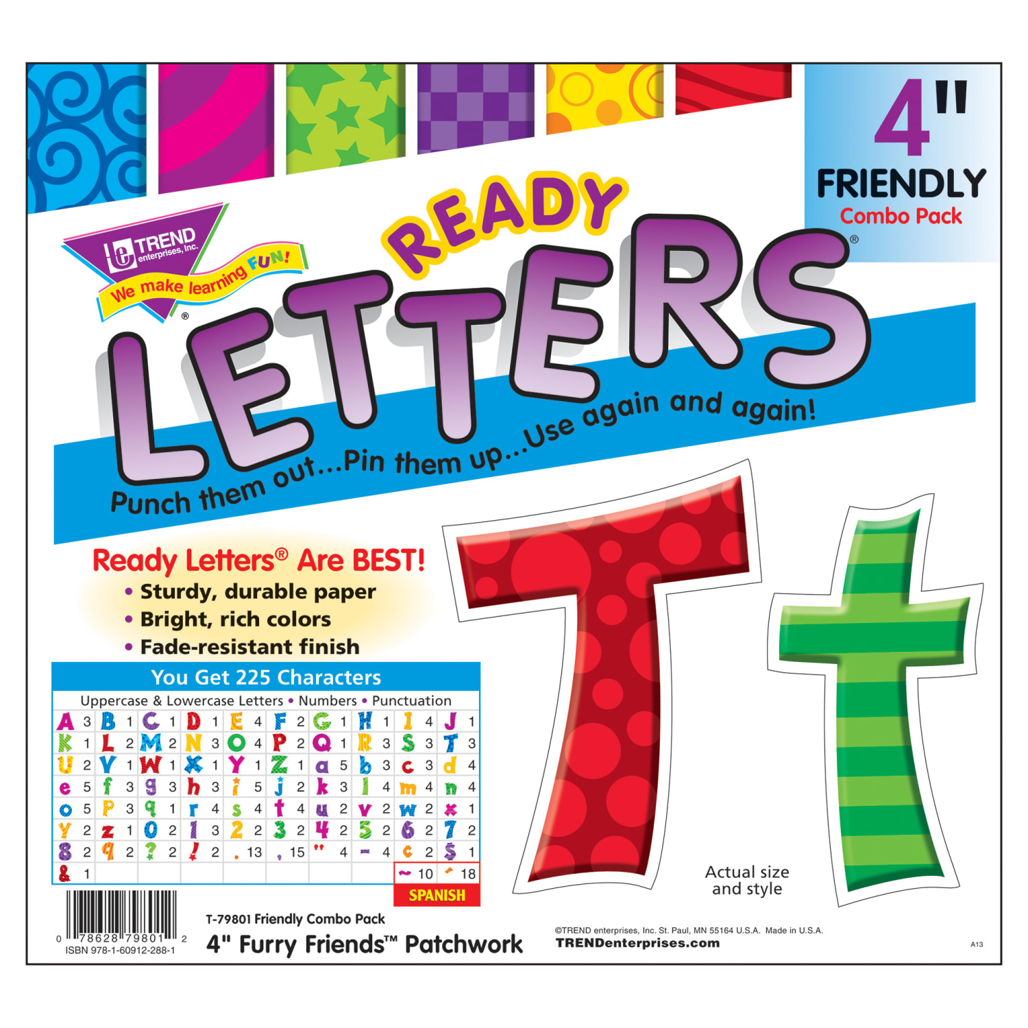 TREND Ready Letters, 4in, Friendly Combo, Patchwork Furry Friends, Set Of 3 Packs - Image 4