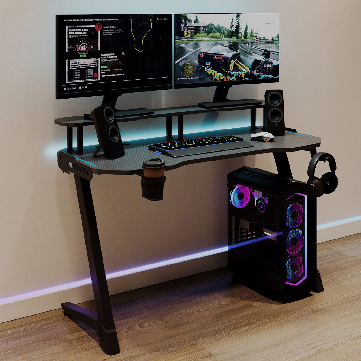 RS Gaming Venno 2.0 RGB Gaming Computer Desk with Hutch & Integrated Power, Black, BIFMA Compliant