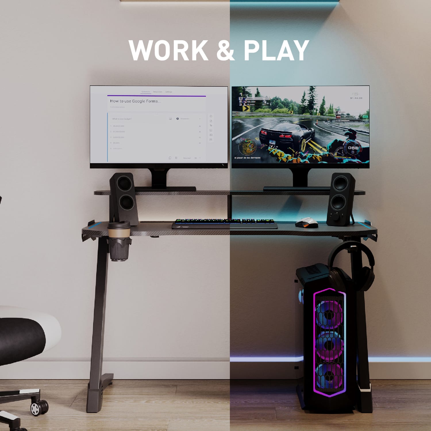 RS Gaming Venno 2.0 RGB Gaming Computer Desk with Hutch & Integrated Power, Black, BIFMA Compliant - Image 4
