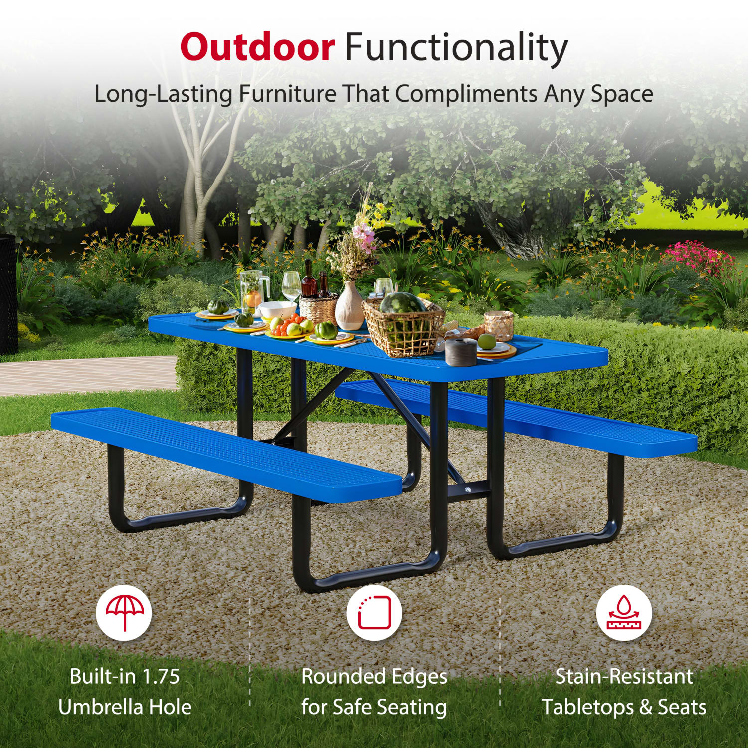 Leisure Craft Rectangle Outdoor Picnic Table, 29-11/16inH x 72inW x 62inD, Black/Blue - Image 4