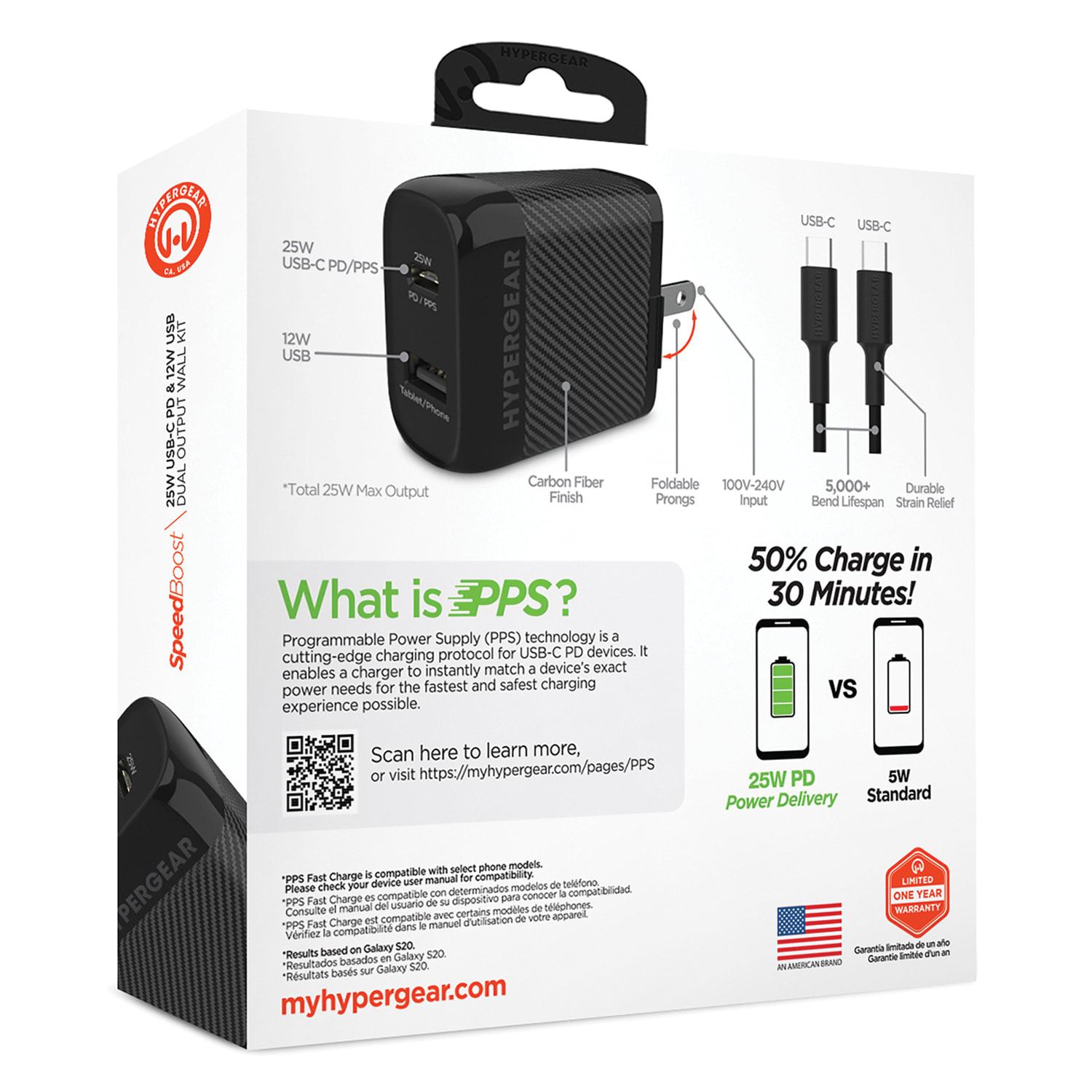 HyperGear SpeedBoost 25W PD Dual-Output USB-C Wall Charger Kit For Android, Black, HPL15626 - Image 4