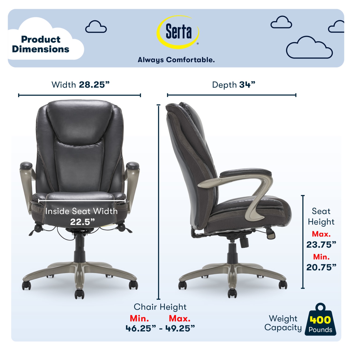 Serta Smart Layers Hensley Big & Tall Ergonomic Bonded Leather High-Back Chair, Dark Gray/Silver - Image 5