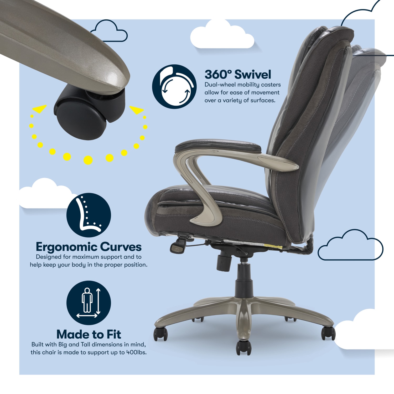 Serta Smart Layers Hensley Big & Tall Ergonomic Bonded Leather High-Back Chair, Dark Gray/Silver - Image 8