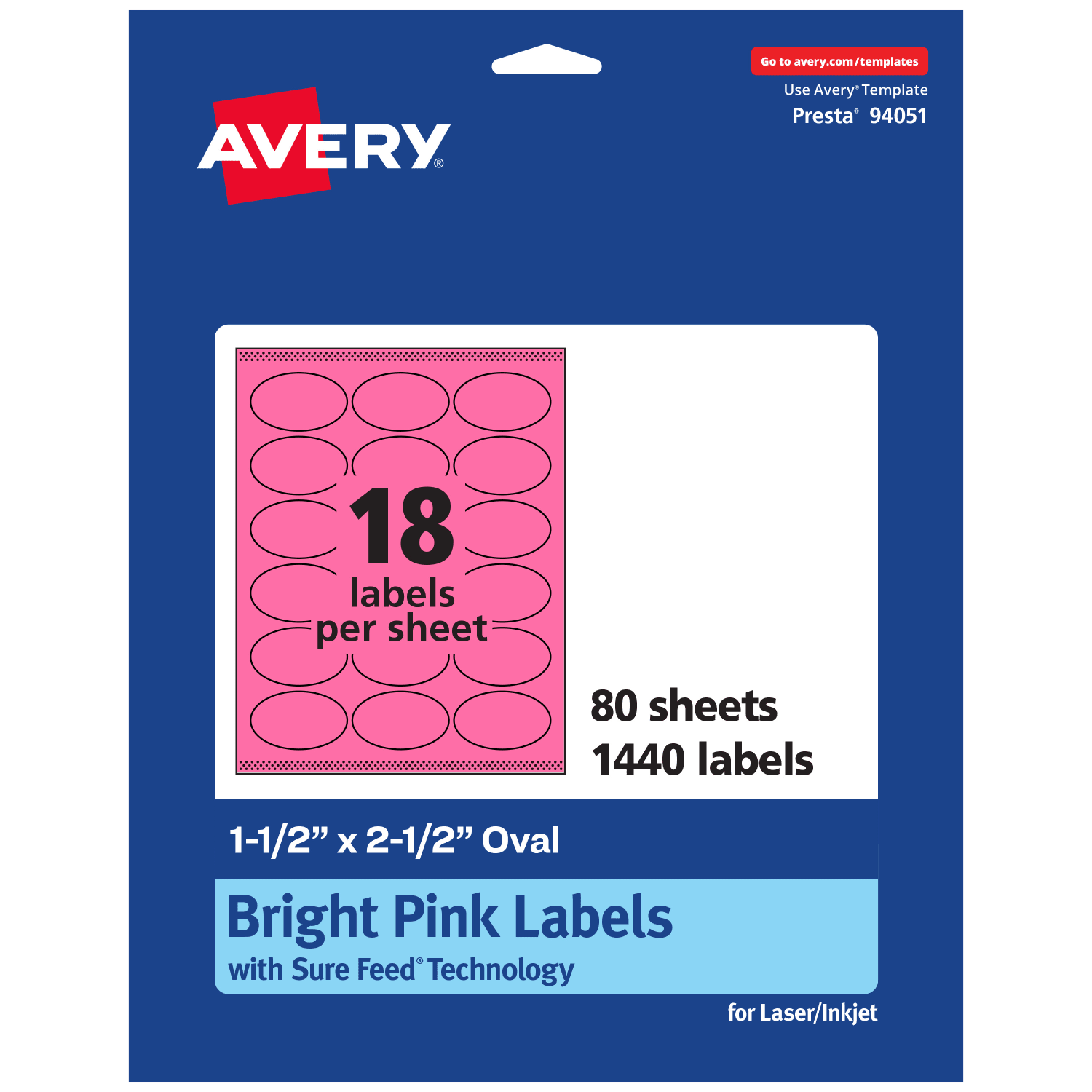 Avery Printable Labels With Sure Feed Technology, 94051-BPP80, Oval, 1-1/2in x 2-1/2in, Matte Bright Pink, Pack of 1440 - Image 3