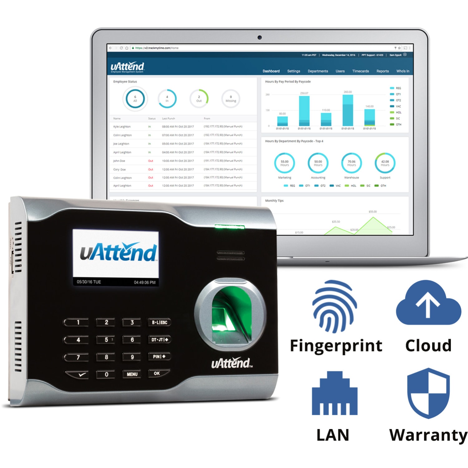 uAttend Biometric Fingerprint Cloud-Based Time Clock, BN6000OC, 5in x 7in x 2in, Black - Image 3