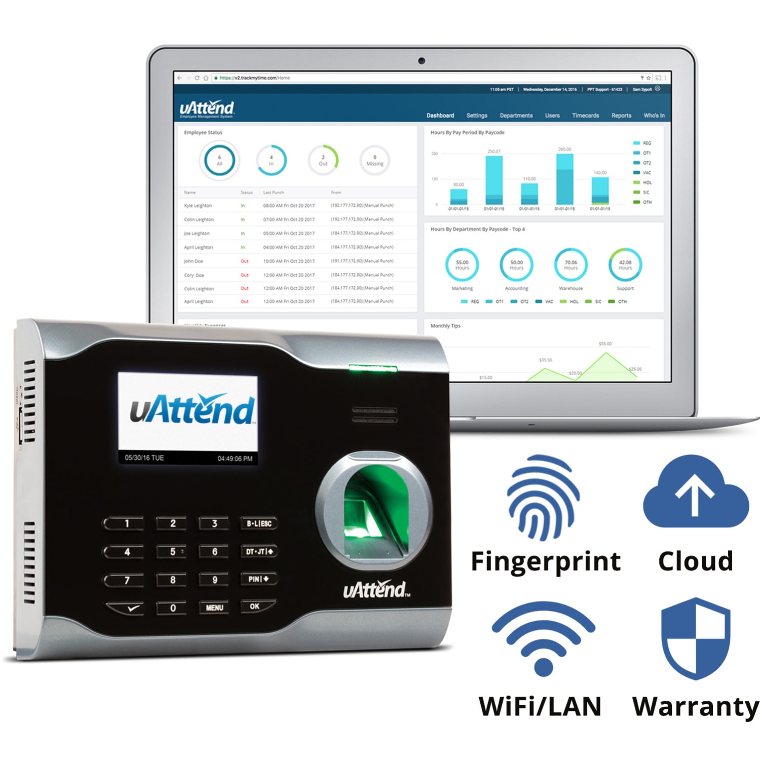 uAttend Biometric Time Clock System, BN6500, 5in x 7in x 2in, Black - Image 3