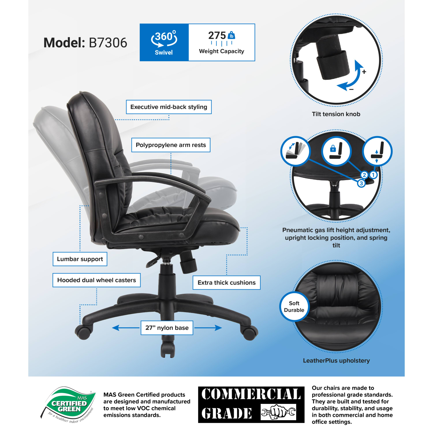Boss Office Products Overstuffed Ergonomic Vinyl Mid Back Chair Black PopularChairscom