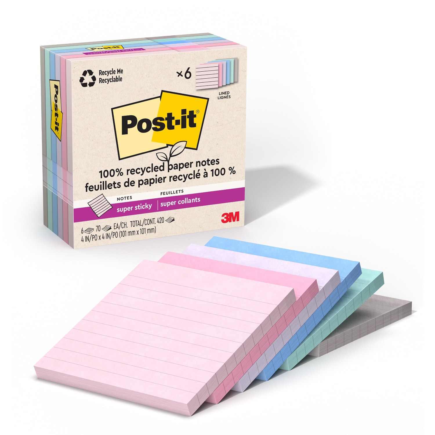 Post-it Super Sticky Recycled Notes, 6 Pads, 4 in x 4 in, 100% Recycled, School Supplies and Office Products, Sticky Notes  - 675R6SSNRP