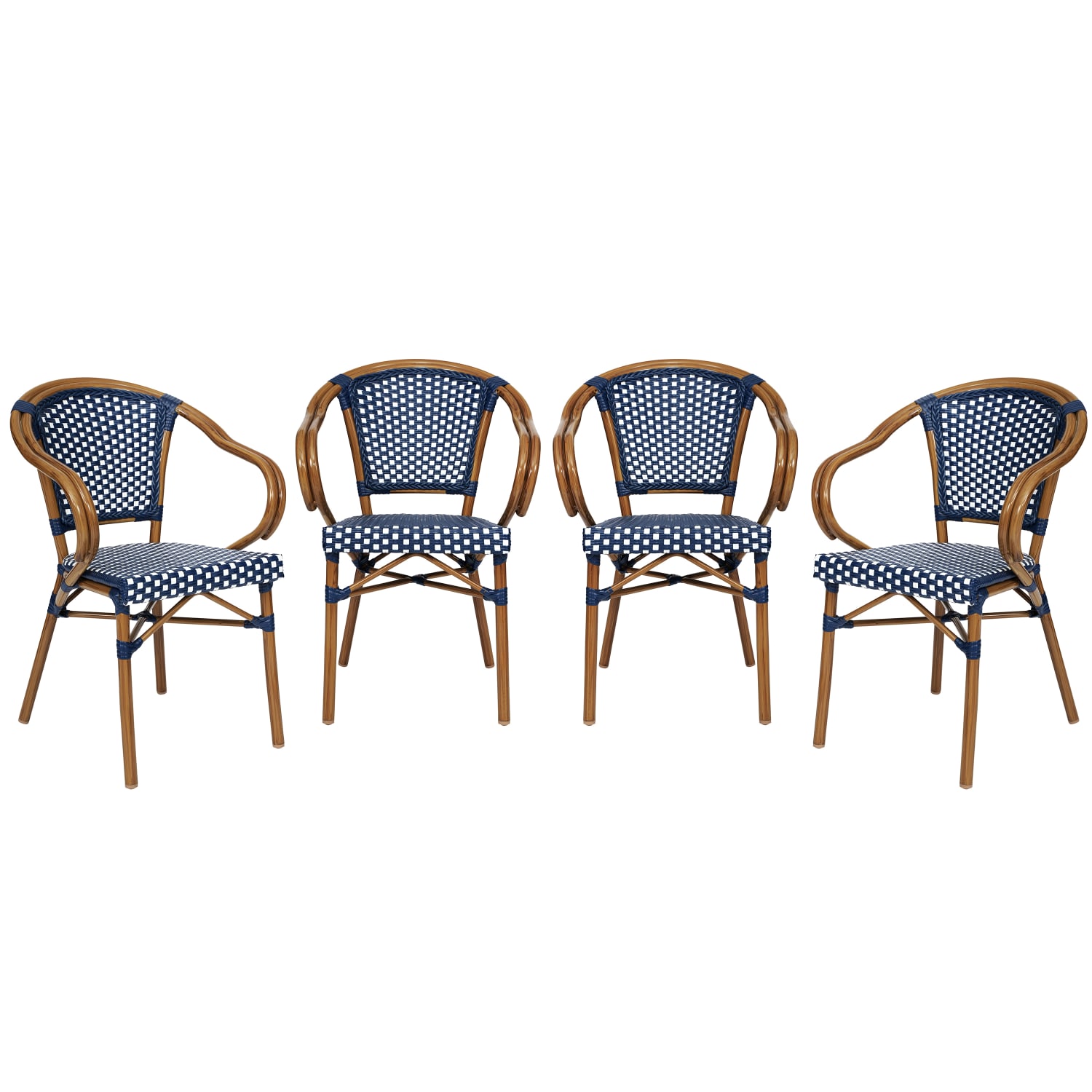 Flash Furniture 4 Pack Bordeaux Indoor/Outdoor Commercial Bistro Stacking Chair with Arms, Navy & White/Natural Frame -4SDAS642142NVWN