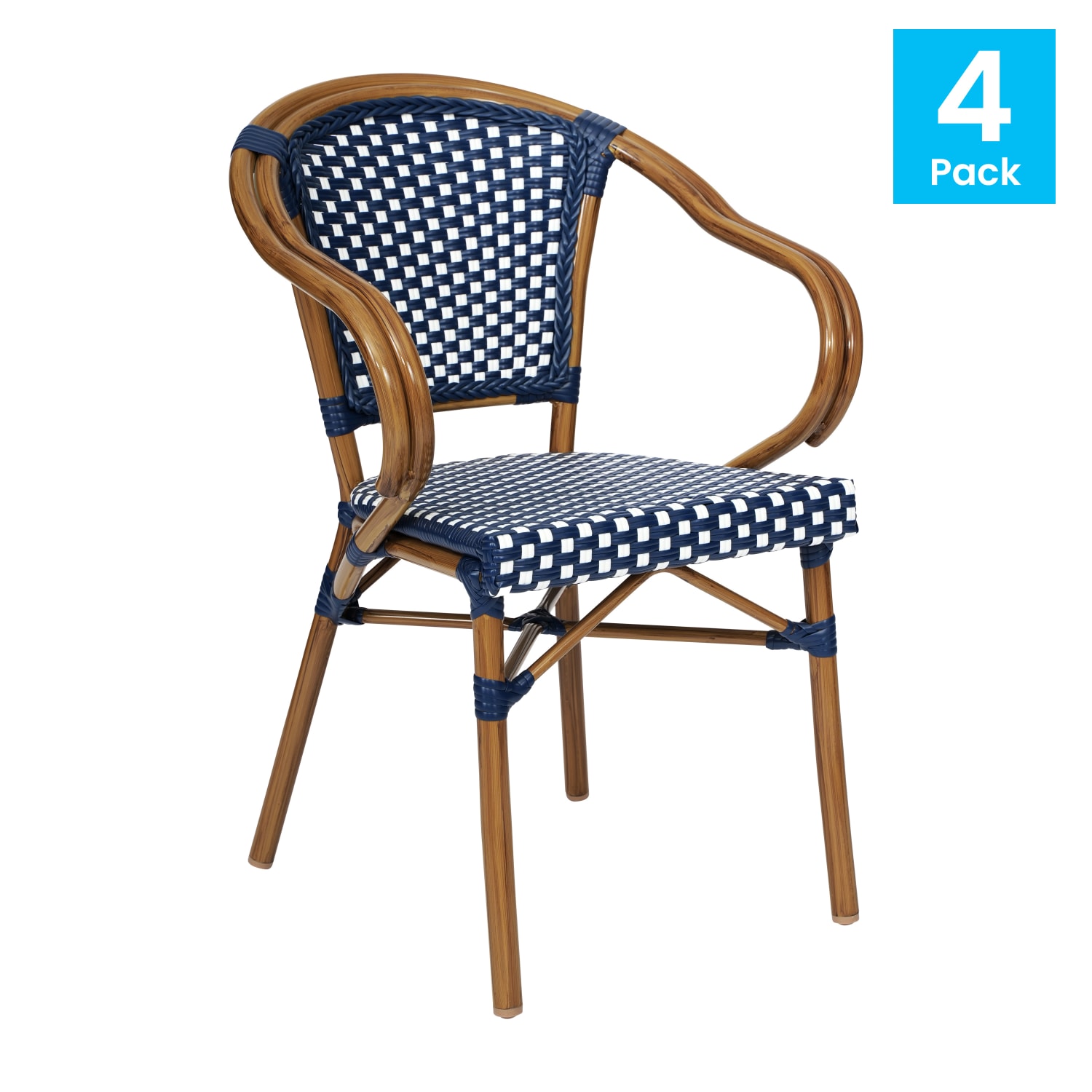 Flash Furniture 4 Pack Bordeaux Indoor/Outdoor Commercial Bistro Stacking Chair with Arms, Navy & White/Natural Frame -4SDAS642142NVWN - Image 3