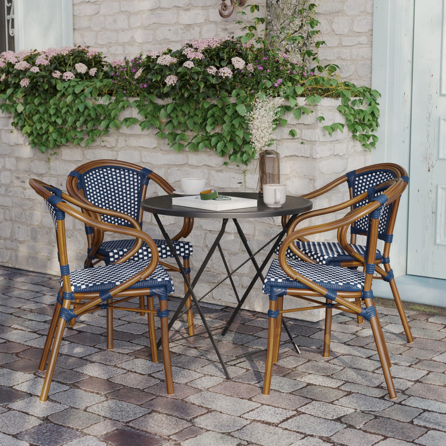 Flash Furniture 4 Pack Bordeaux Indoor/Outdoor Commercial Bistro Stacking Chair with Arms, Navy & White/Natural Frame -4SDAS642142NVWN - Image 6