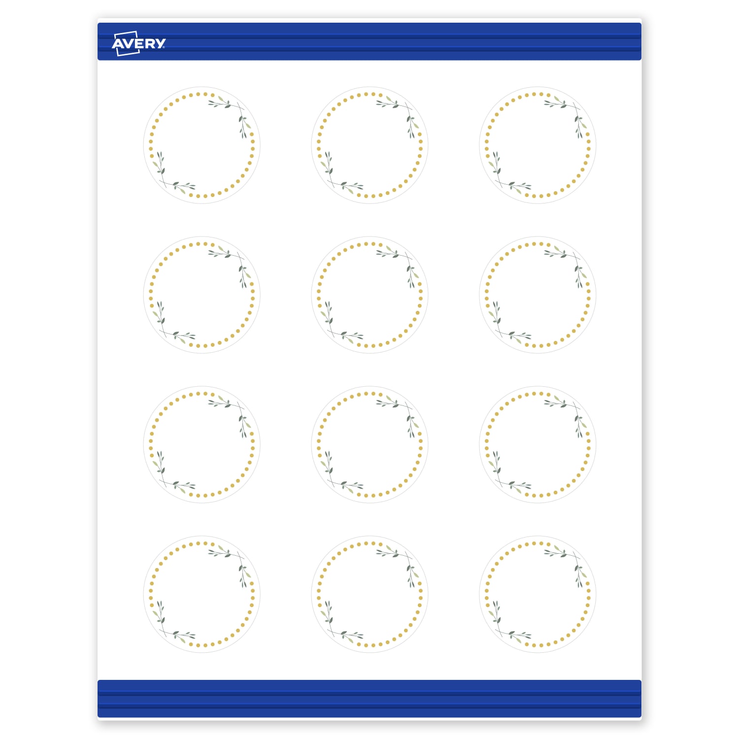 Avery Printable Round Cards With Sure Feed Technology, 2in, Matte White With Preprinted Gold Dots/Green Floral Design Design, Pack Of 120