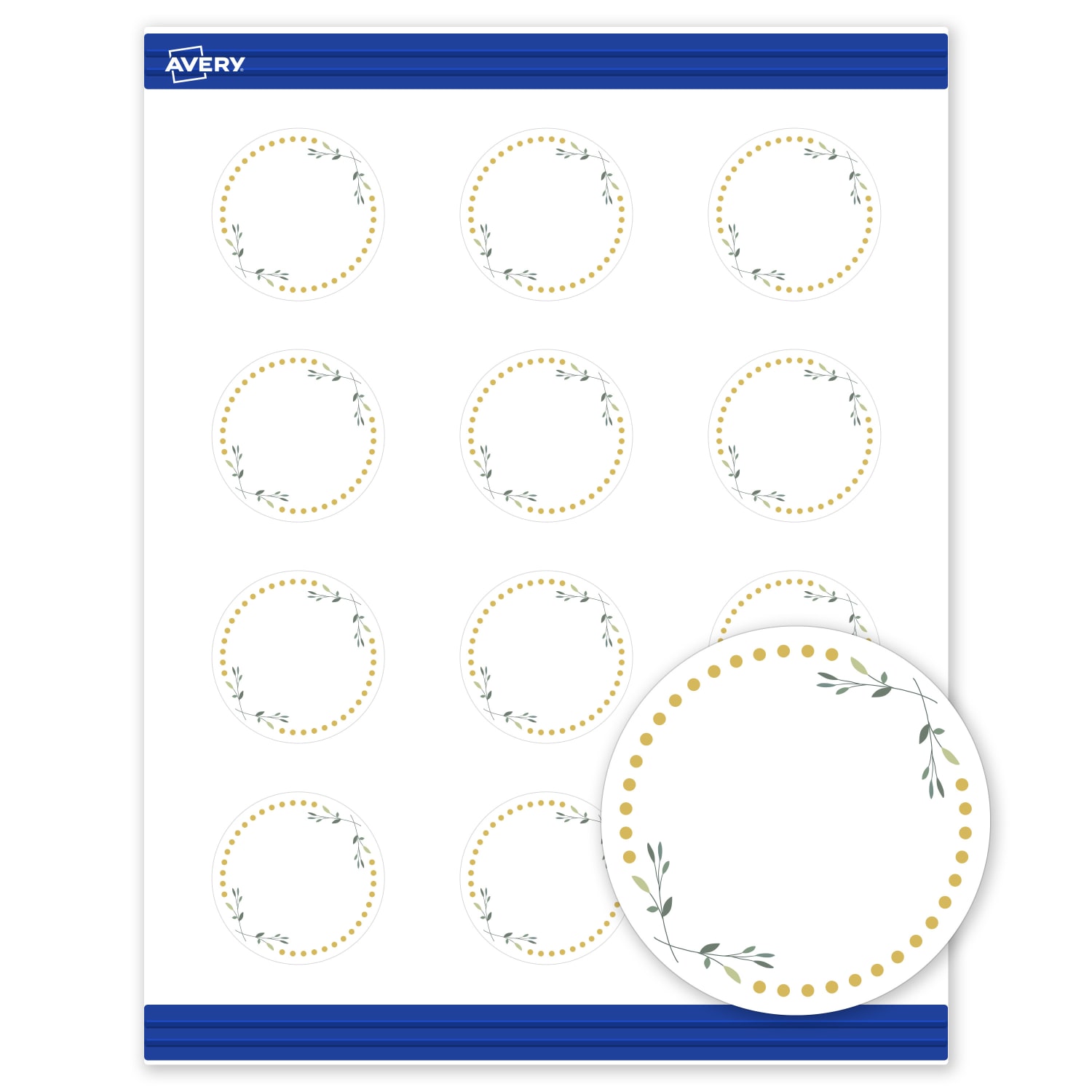 Avery Printable Round Cards With Sure Feed Technology, 2in, Matte White With Preprinted Gold Dots/Green Floral Design Design, Pack Of 120 - Image 3