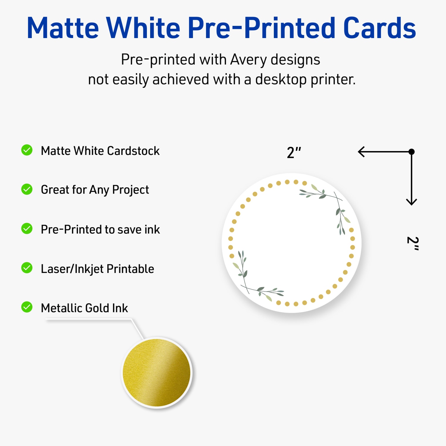 Avery Printable Round Cards With Sure Feed Technology, 2in, Matte White With Preprinted Gold Dots/Green Floral Design Design, Pack Of 120 - Image 4