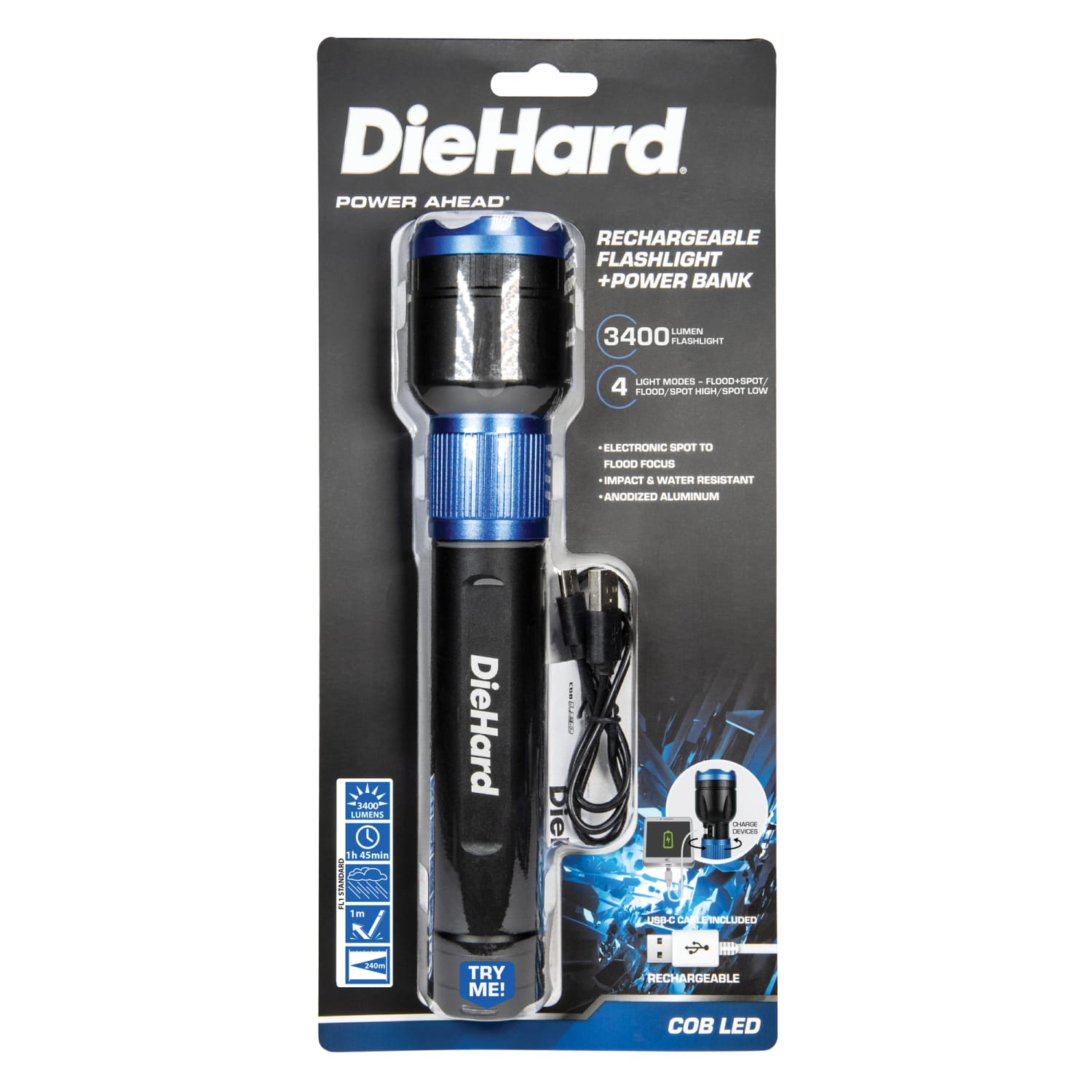 DieHard 37W Water-Resistant COB LED Rechargeable Flashlight with Power Bank, 9-5/16inH x 1-7/16inW x 1-15/16inD, Blue - Image 4