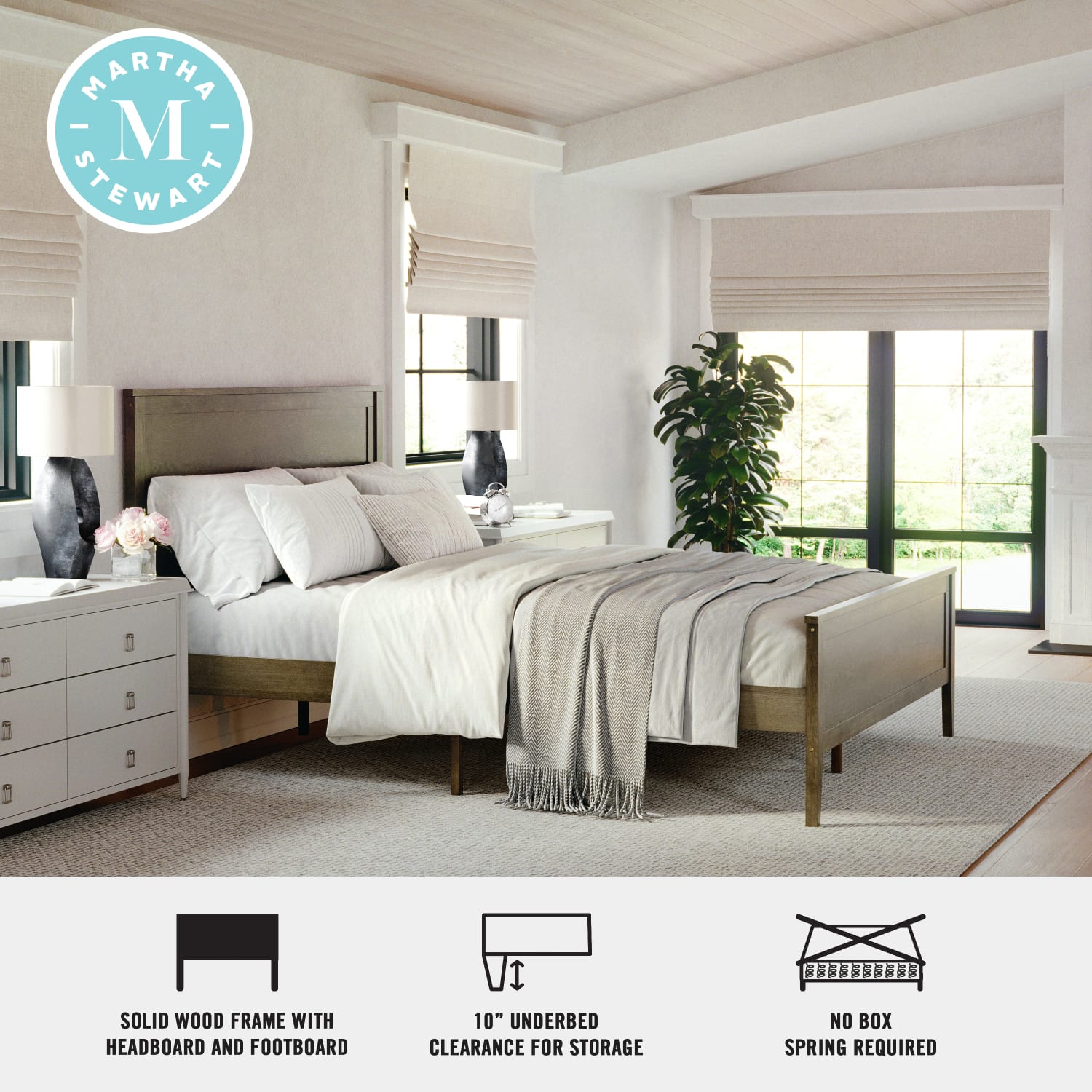 Flash Furniture Martha Stewart Corbin Solid Wood Platform Bed with Wooden Headboard and Footboard, No Box Spring Needed, Brown Gray, Queen - Image 4