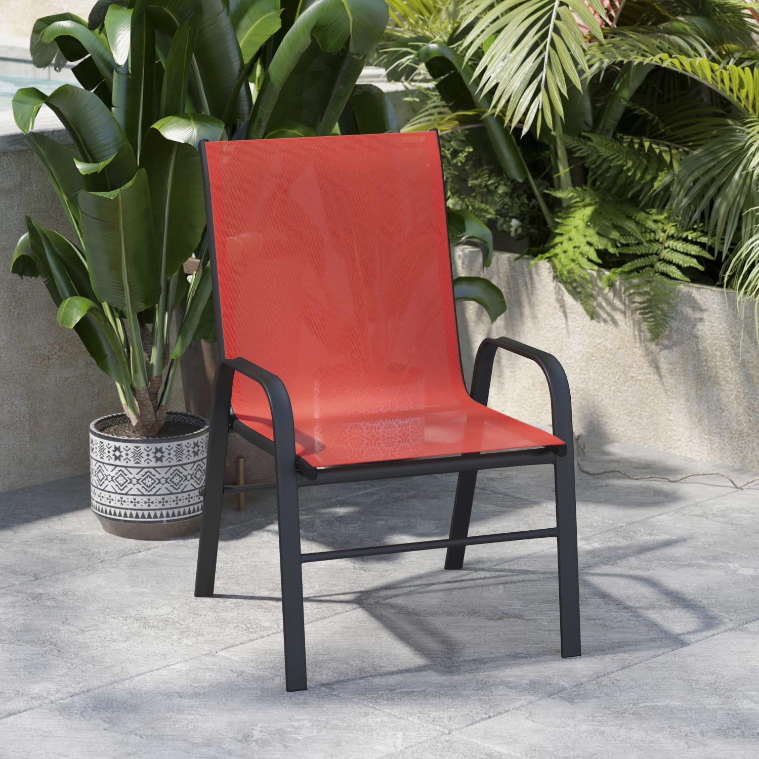 Flash Furniture Brazos Series Outdoor Furniture Stack Chairs, Red/Black, Pack Of 4 Chairs