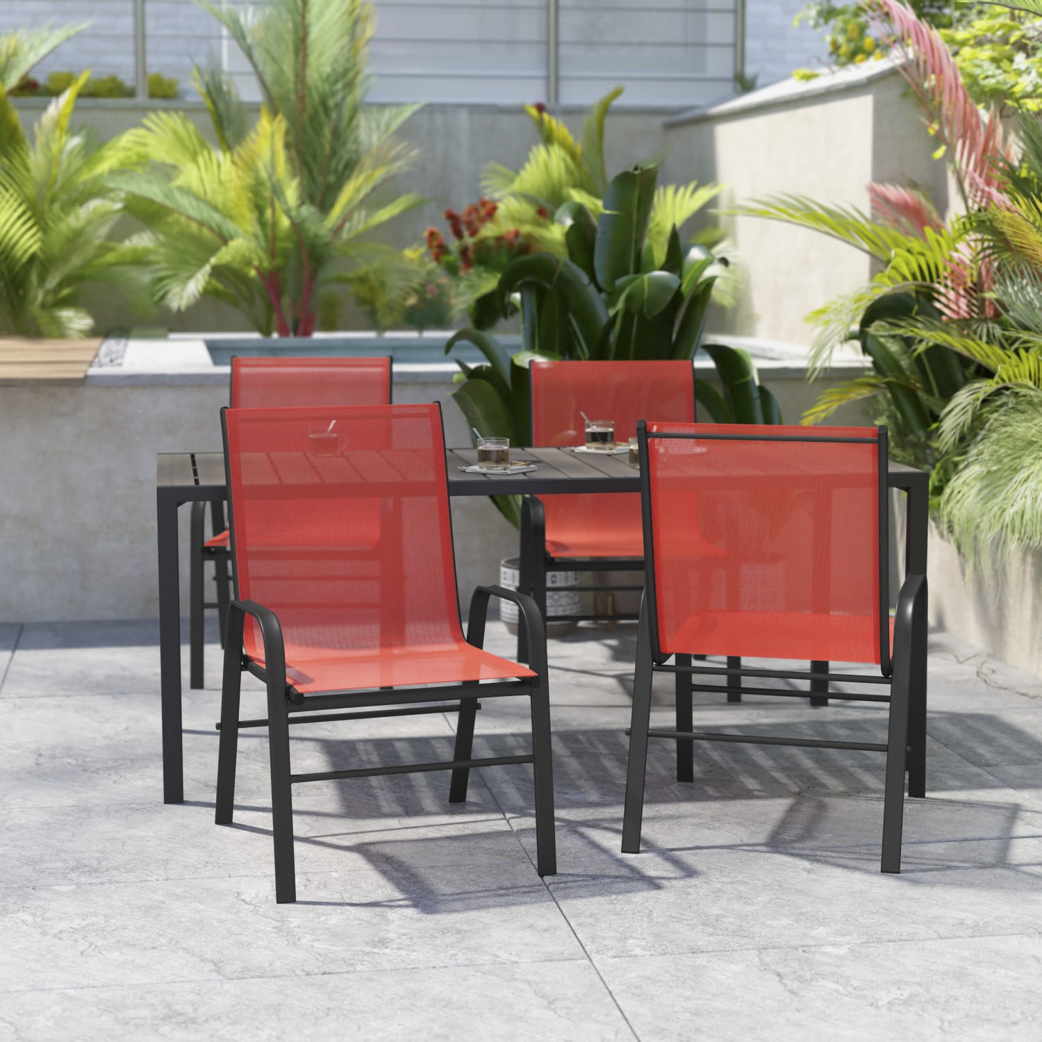 Flash Furniture Brazos Series Outdoor Furniture Stack Chairs, Red/Black, Pack Of 4 Chairs - Image 5