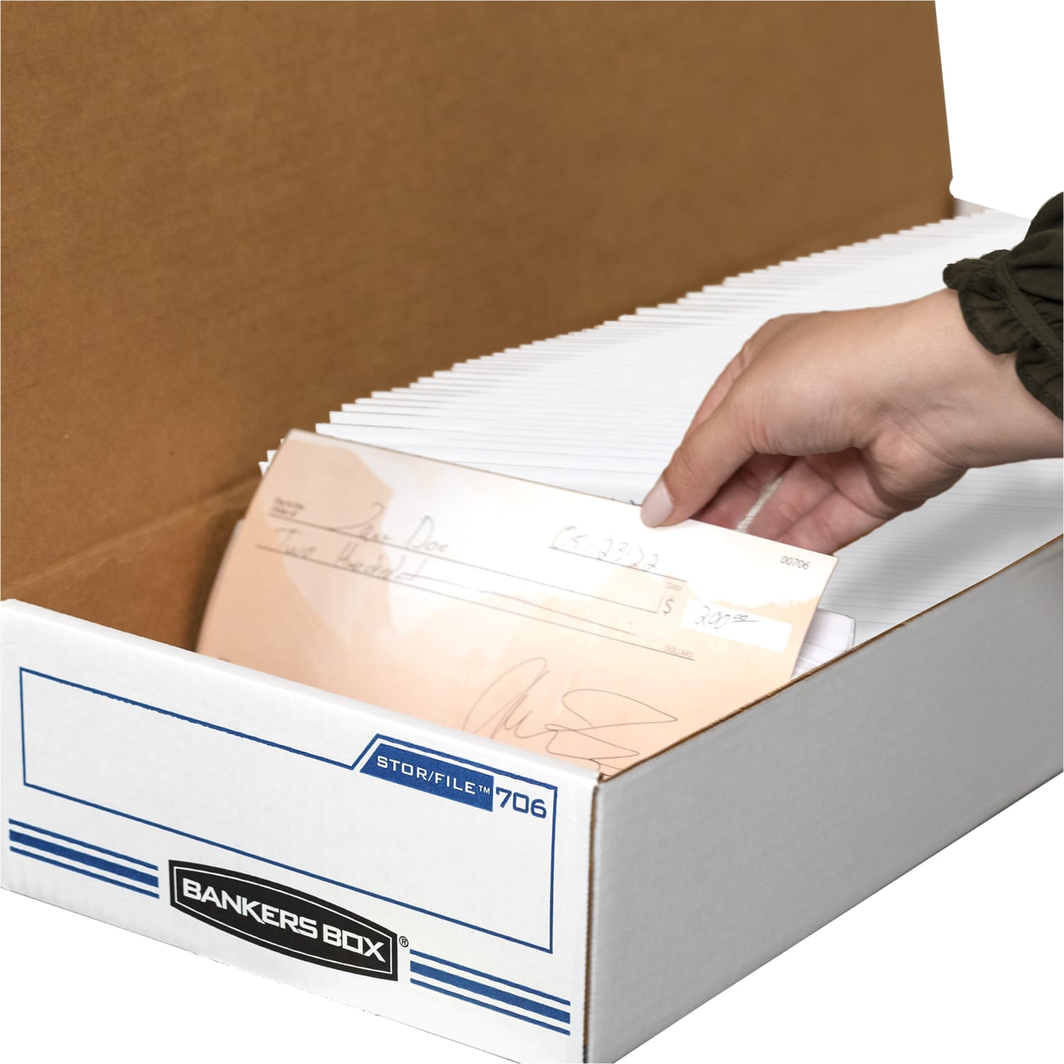 Bankers Box Stor/File Check/Deposit Slip Storage Box With Flip-Top Closure, 24in x 9in x 4in, 60% Recycled, White/Blue - Image 5