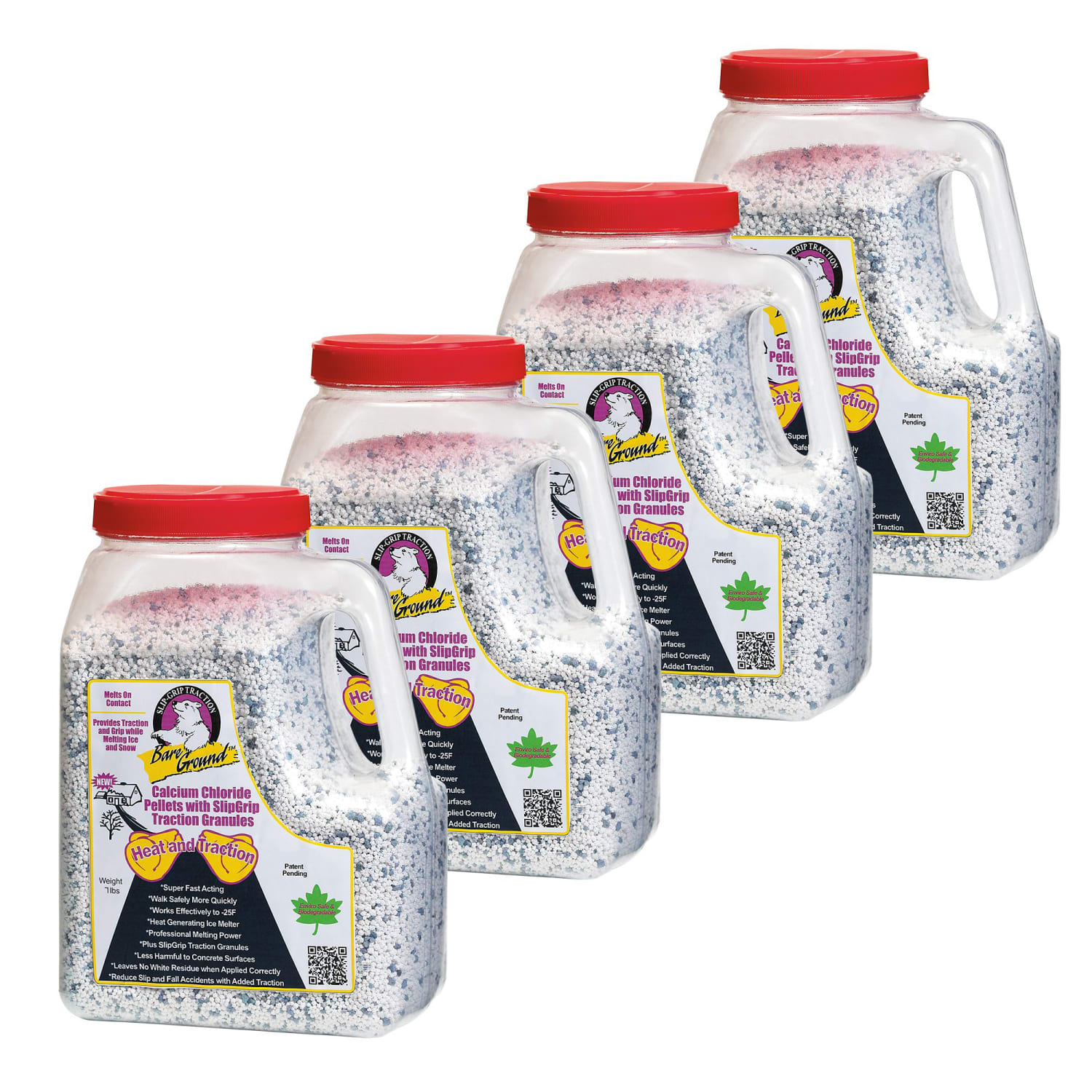 Bare Ground Calcium Chloride Pellets, With Traction Granules, 7-Lb Shaker Jugs, Pack Of 4 Jugs