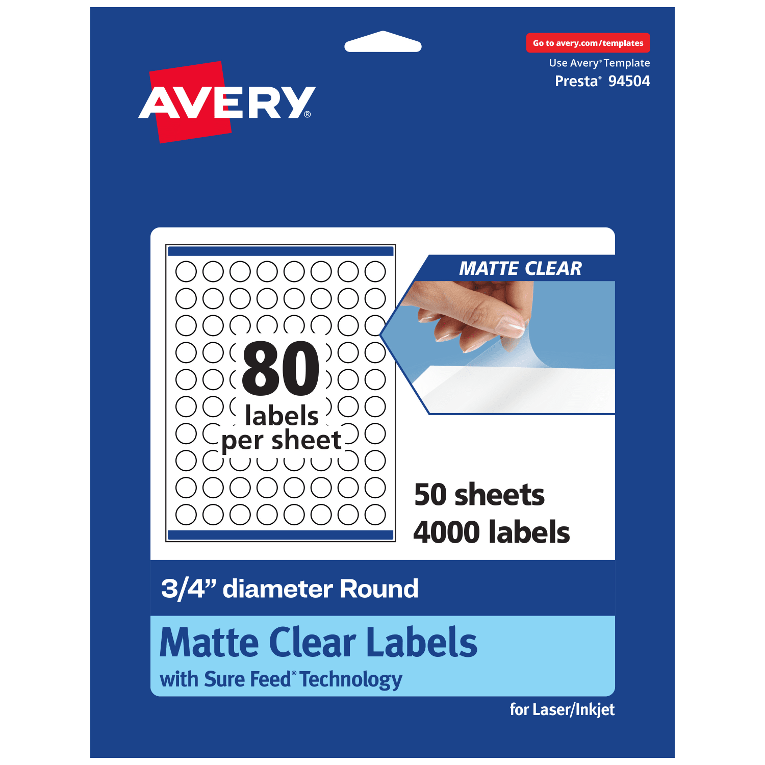 Avery Permanent Labels With Sure Feed, 94504-CMF50, Round, 3/4in, Matte Clear, Pack Of 4,000
