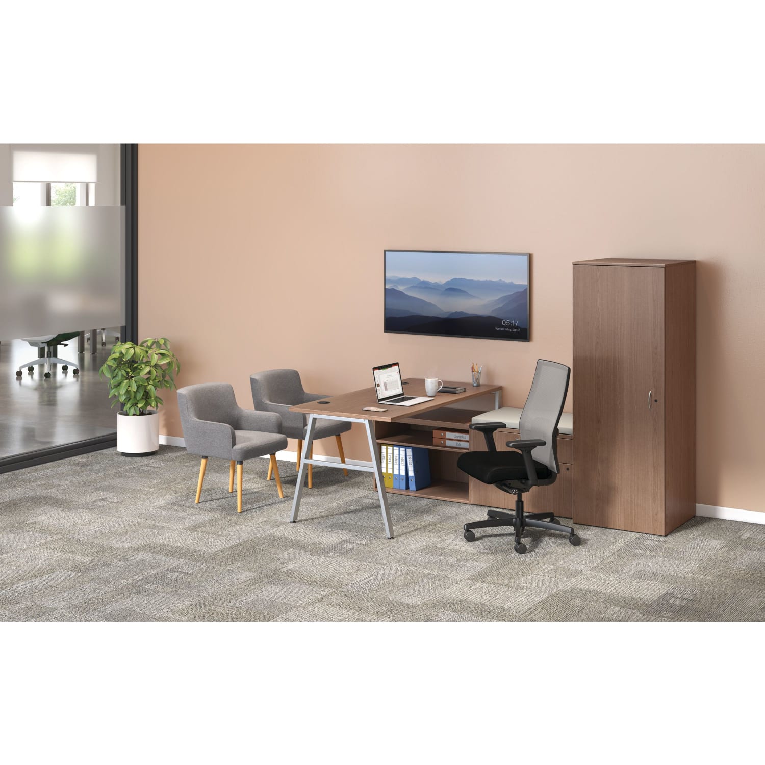 HON Mod 84inW L-Station A-Leg Table Writing Desk, Sepia Walnut/Silver/Cool Neutral - Image 3