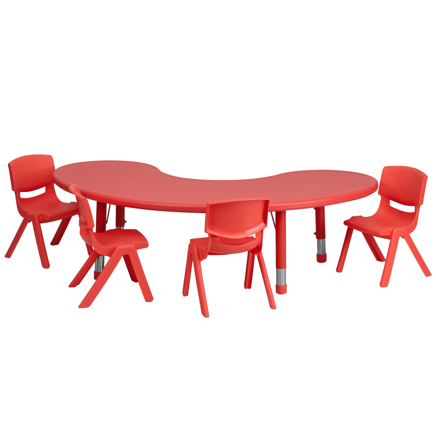 Flash Furniture Half-Moon Plastic Height-Adjustable Activity Table Set With 4 Chairs, 23-3/4inH x 35inW x 65inD, Red