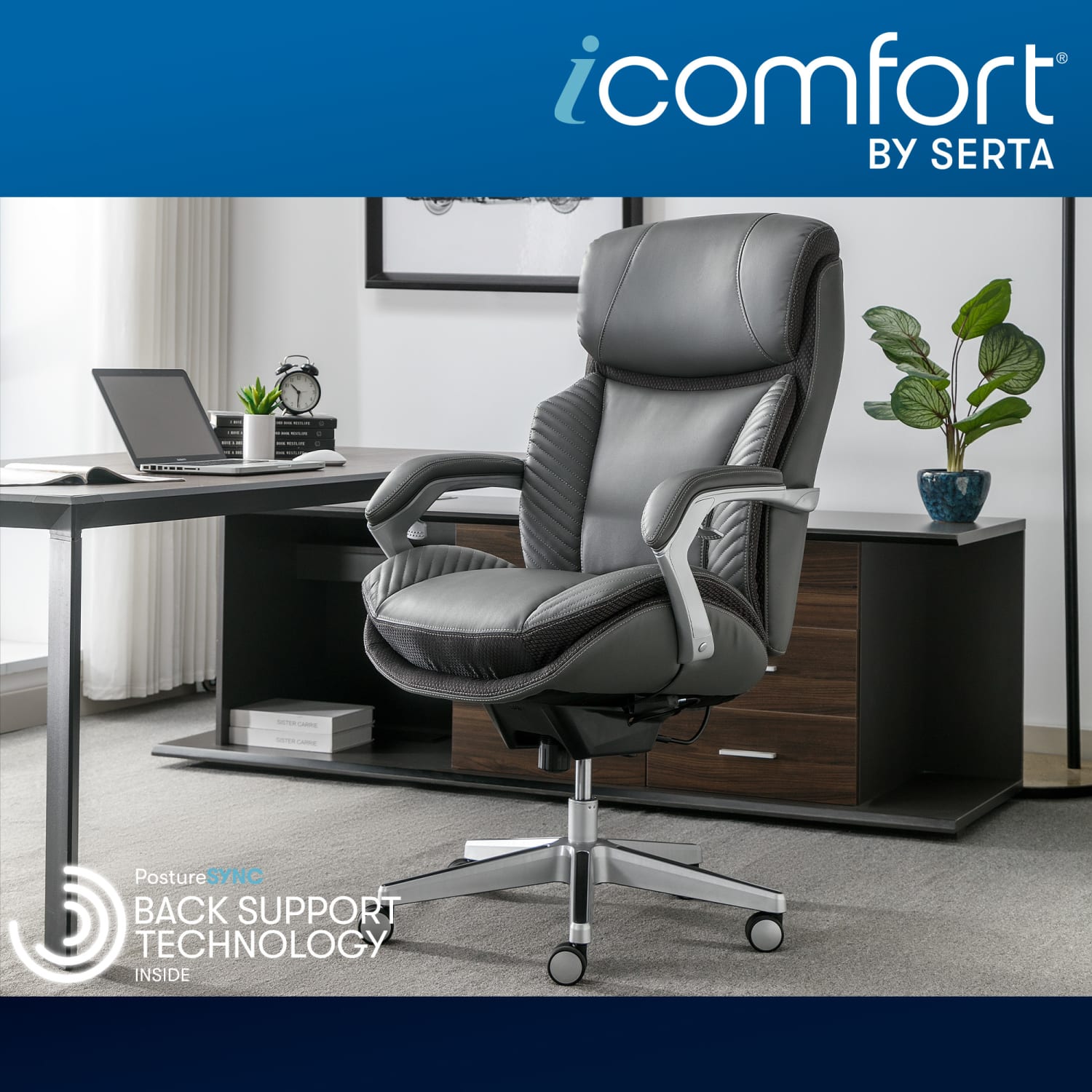 Serta iComfort i6000 Big & Tall Ergonomic Bonded Leather High-Back Executive Office Chair, Gray/Silver - Image 4