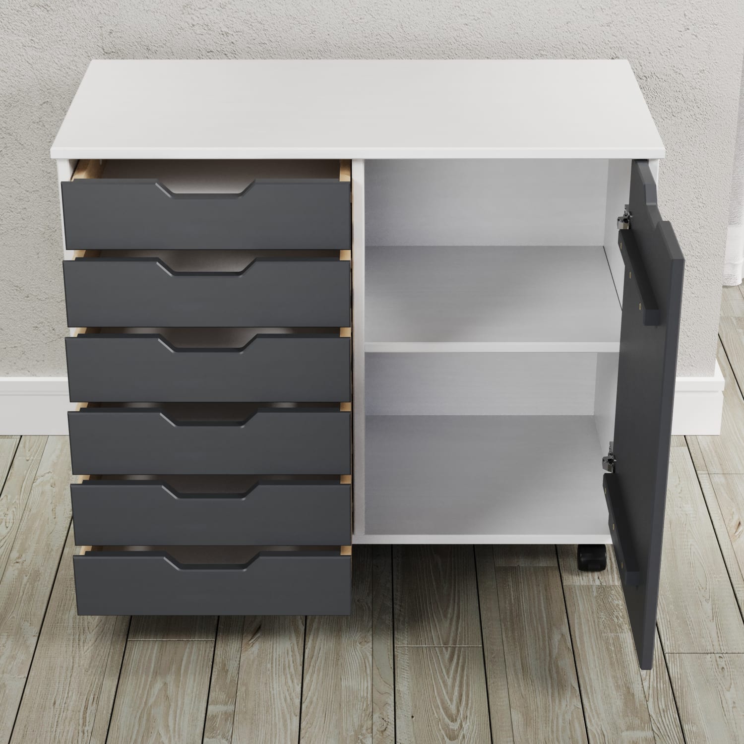 Trendfurn Omnia 1-Door Roll Cart, 6 Drawers, 25-3/4in x 31-1/3in, White/Gray - Image 6