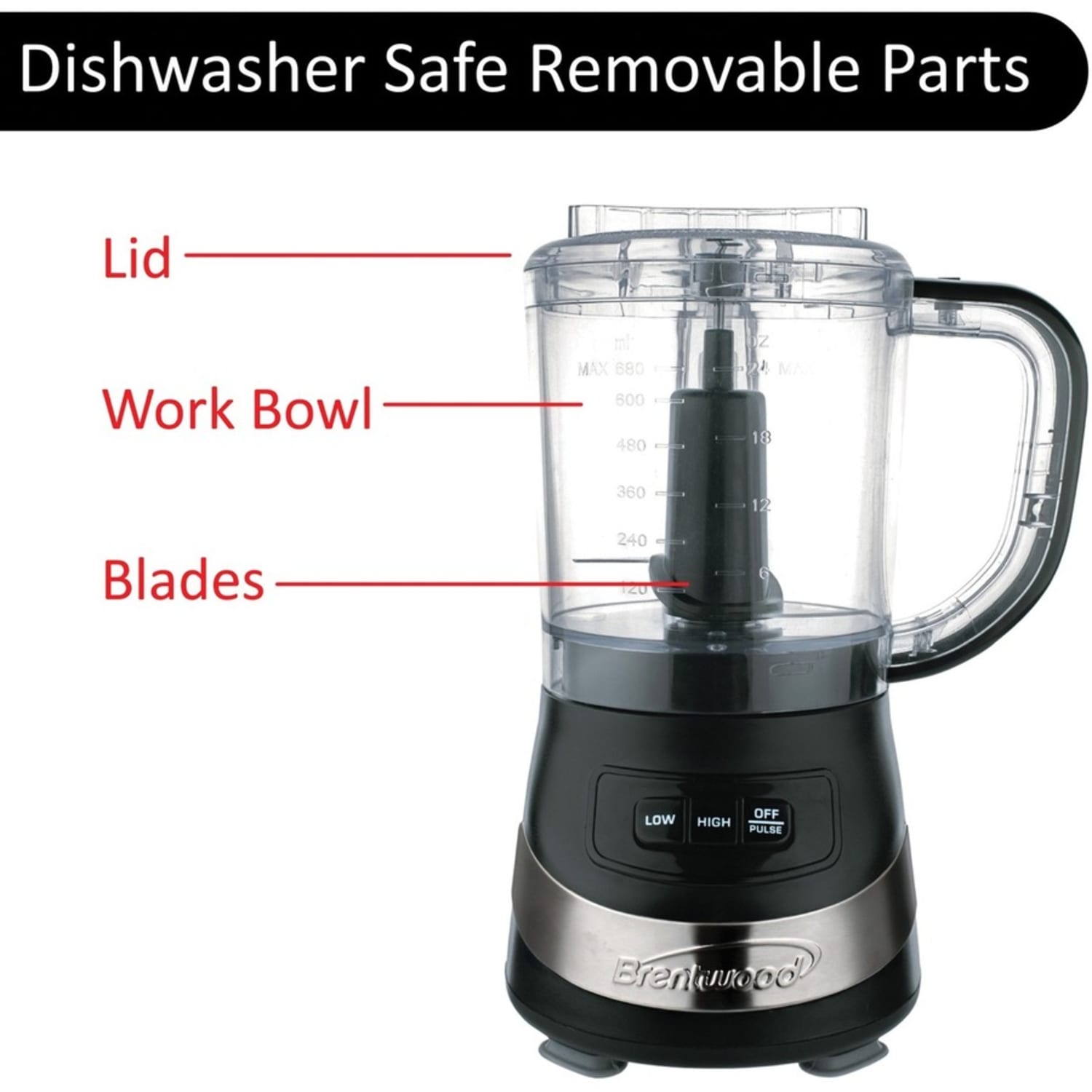 Brentwood FP-549BK 3 Cup Food Processor, Black - 3 Cup (Capacity) - 2 Speed - 200 W Motor - Silver, Black - Image 4