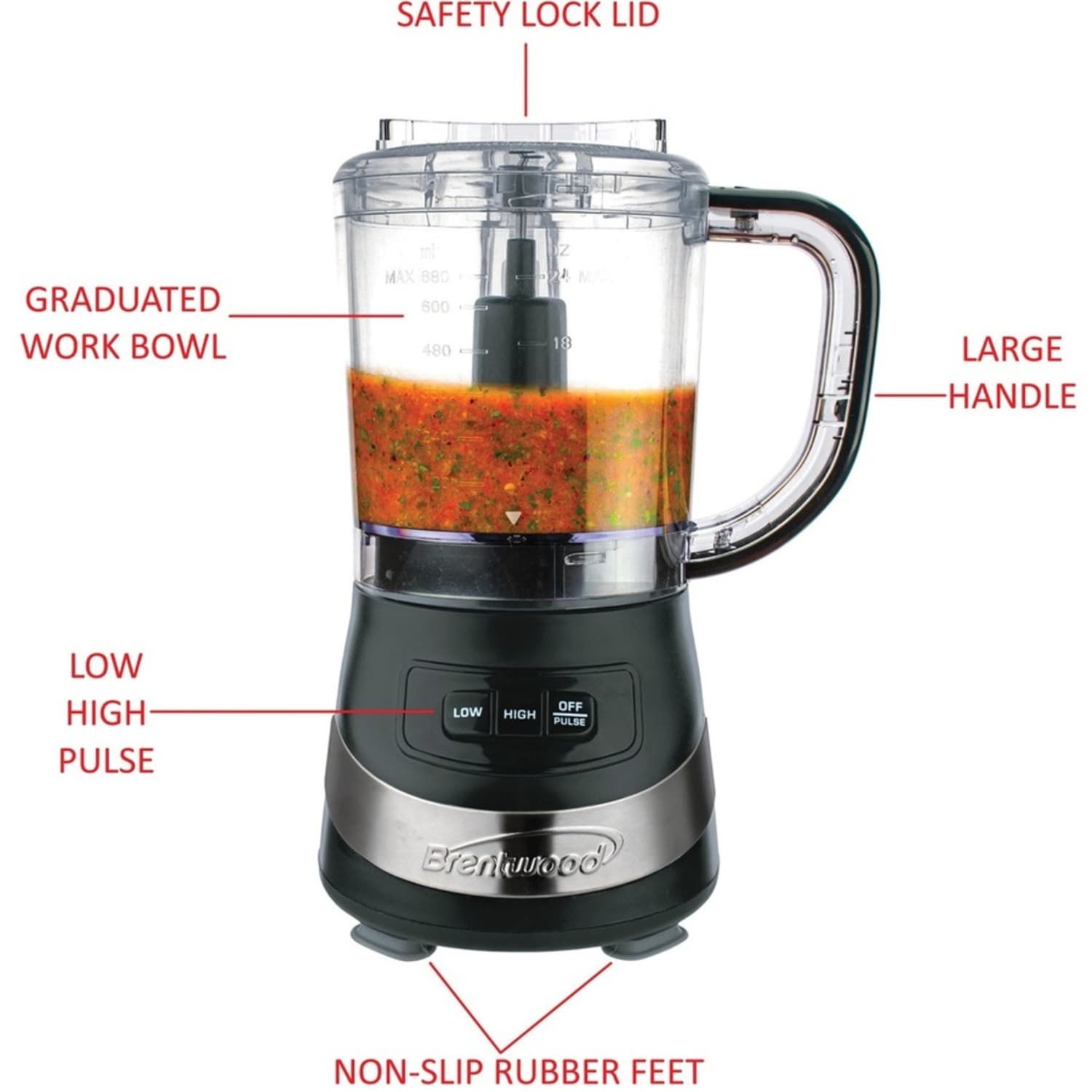 Brentwood FP-549BK 3 Cup Food Processor, Black - 3 Cup (Capacity) - 2 Speed - 200 W Motor - Silver, Black - Image 5