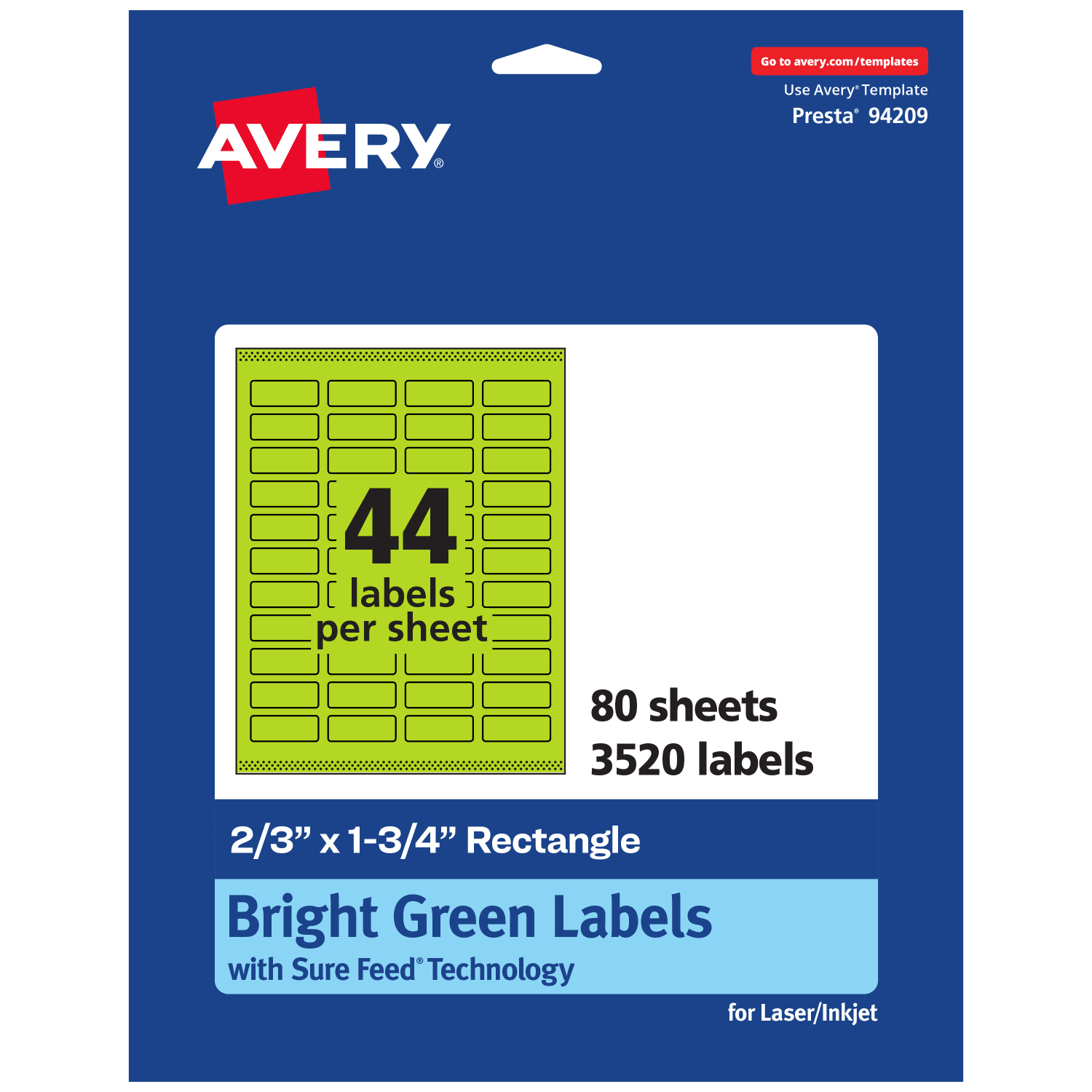 Avery Print-To-The-Edge Labels With Sure Feed Technology And Easy Peel, 94209-BGP80, Rectangle, 2/3in x 1-3/4in, Matte Bright Green, Pack of 3520